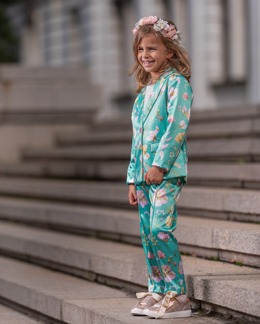Flower printed satin girls outfit/ 2 piece suit formal wear toddler birthday/ Jacket and pants outfit for girls/ Designer formal wear