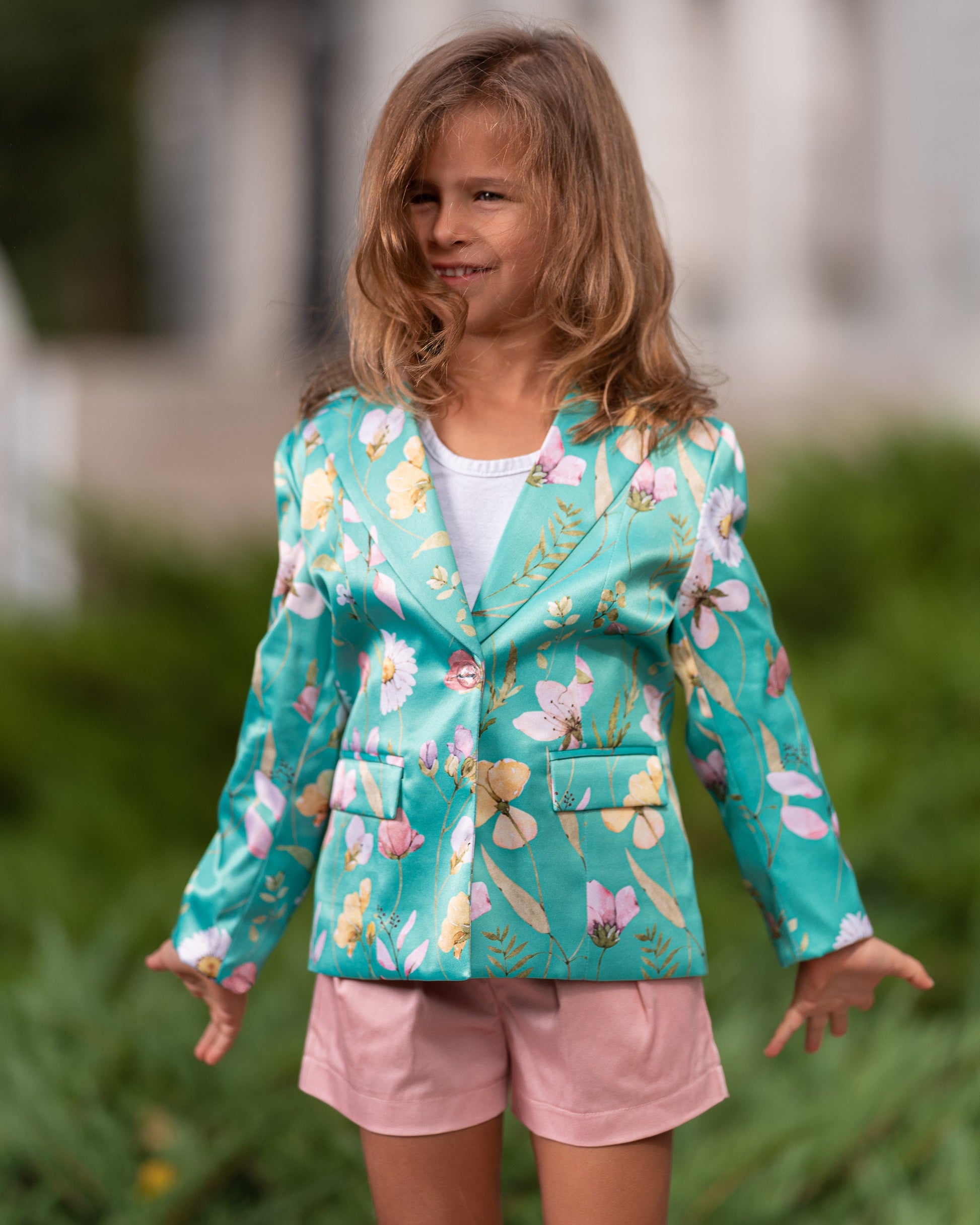 Flower printed satin girls outfit/ 2 piece suit formal wear toddler birthday/ Jacket and pants outfit for girls/ Designer formal wear