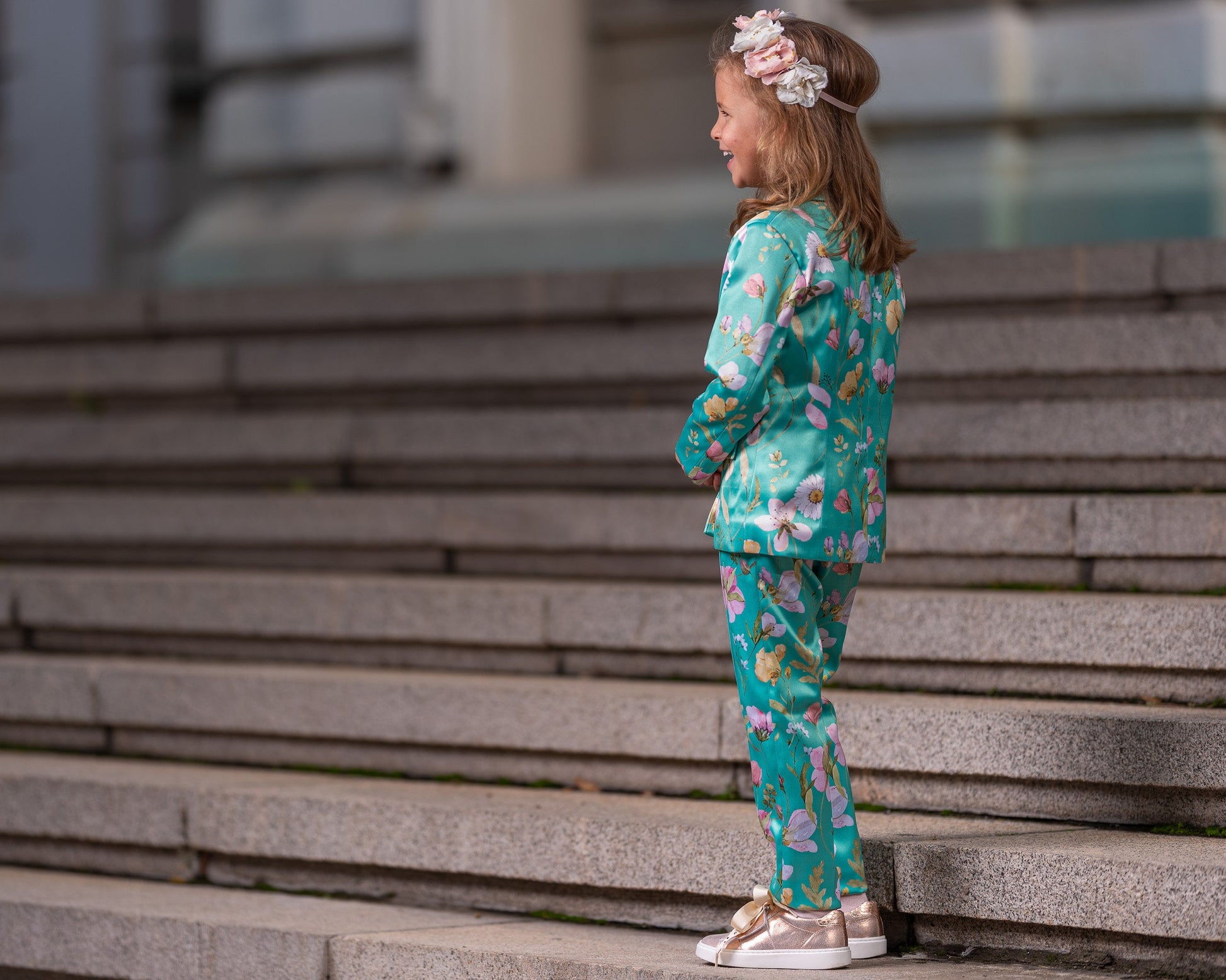 Flower printed satin girls outfit/ 2 piece suit formal wear toddler birthday/ Jacket and pants outfit for girls/ Designer formal wear