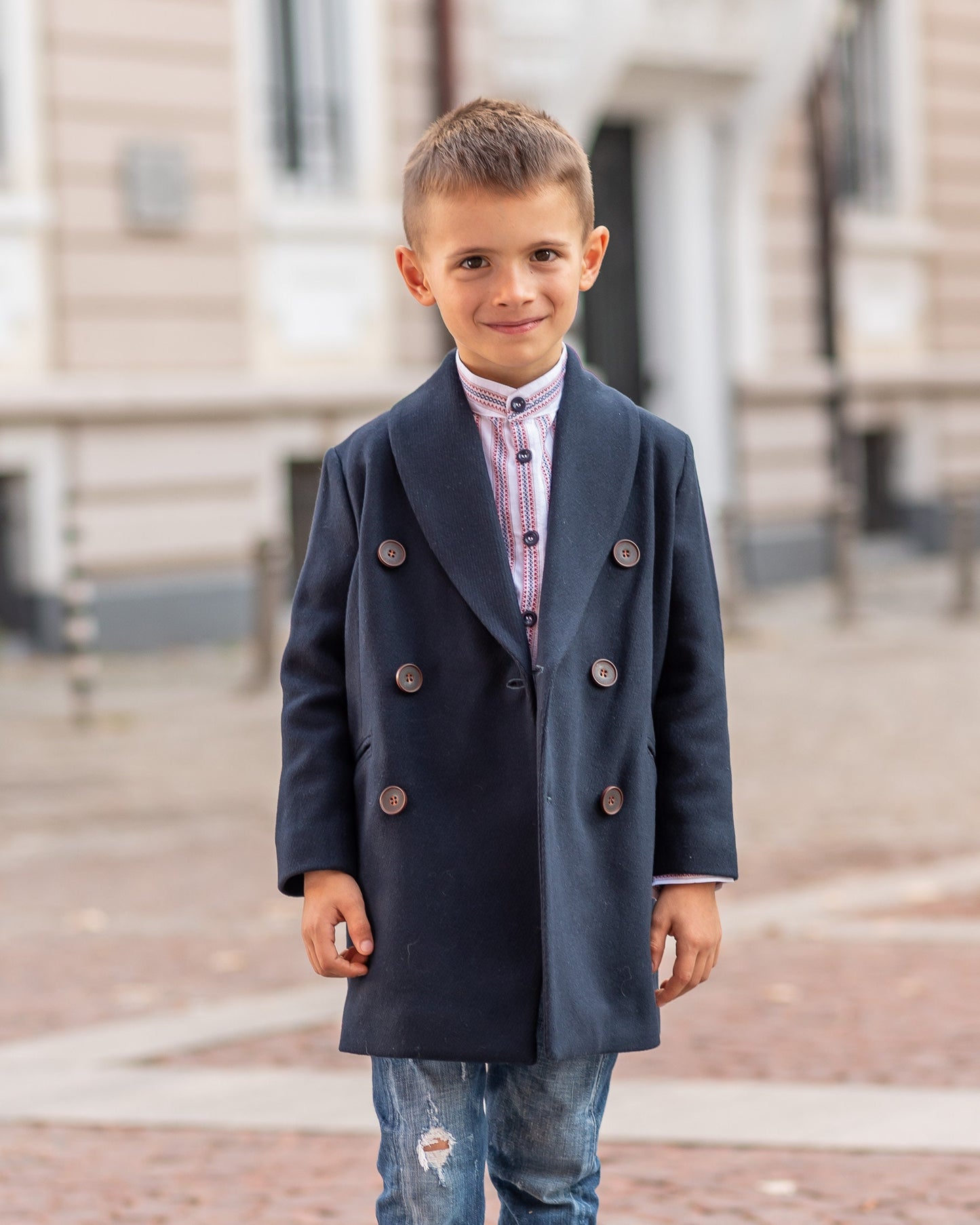 Long shawl collar wool for boys, Double breasted down coat toddler, Kids warm winter vintage coat, Navy classic coat, Junior long pea coat