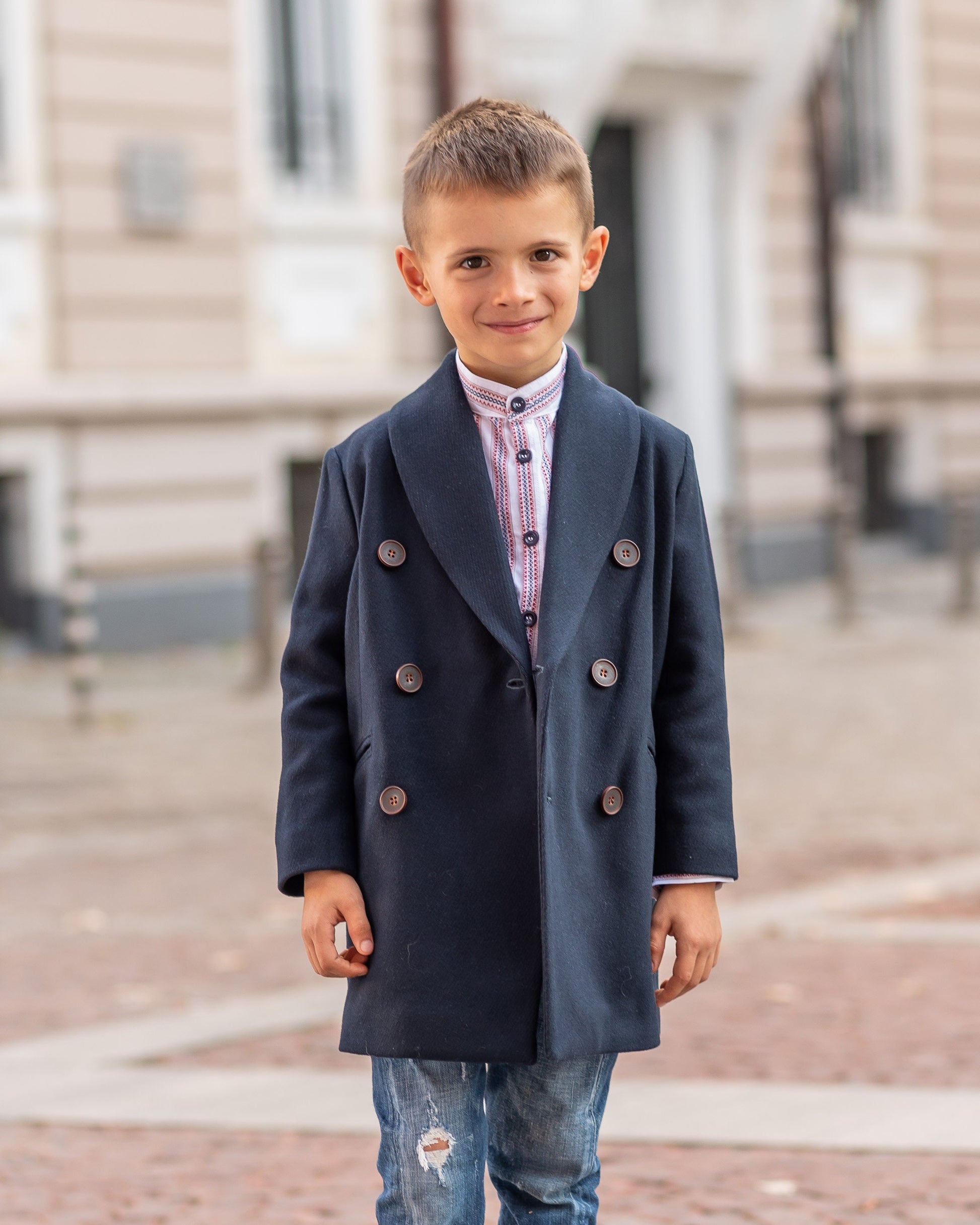 Long shawl collar wool for boys, Double breasted down coat toddler, Kids warm winter vintage coat, Navy classic coat, Junior long pea coat