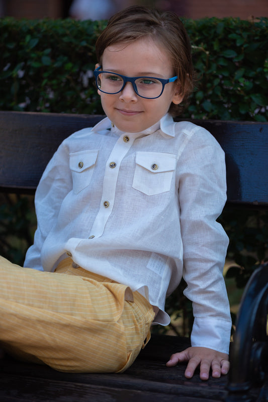 White linen shirt for boys with long sleeves/ Boys Ring bearer shirt/ Rustic wedding Linen clothing toddler dress shirt/ baptism outfit