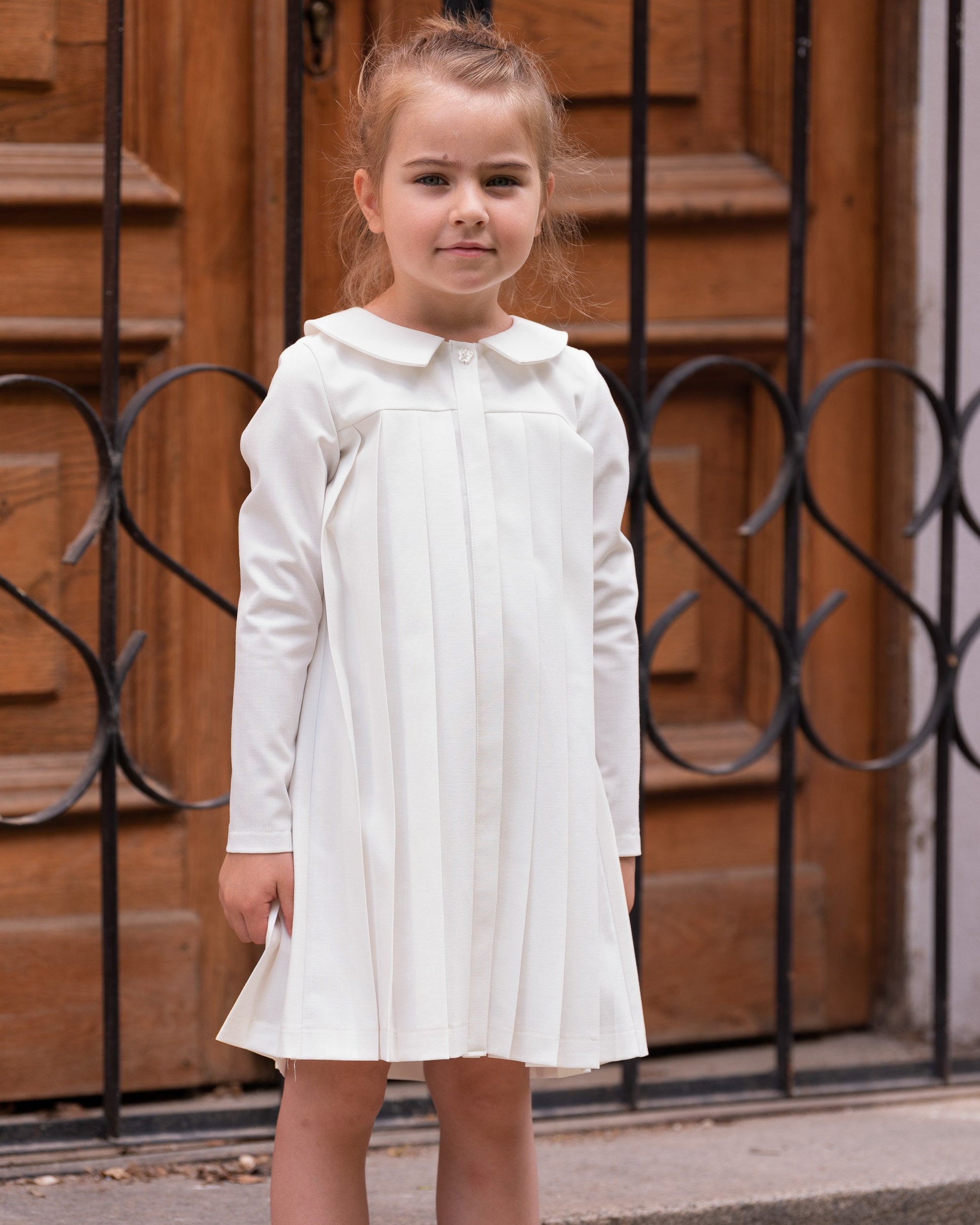 Girls white pleated dress/ Long sleeve formal dress/ Toddler girl pleated christening dress/ Peter pan collar baptism dress