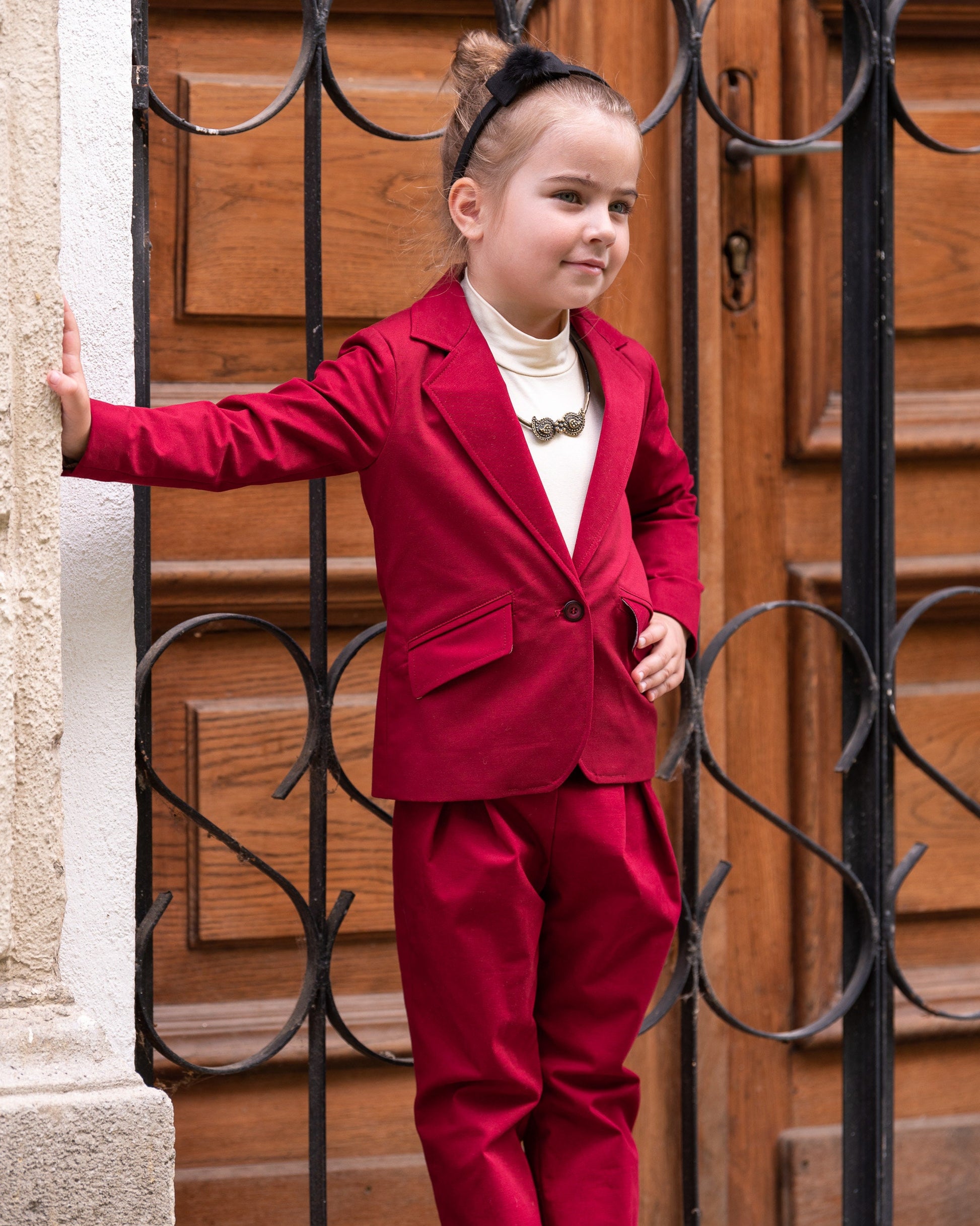 Stylish cotton girls suit/ Tailored toddler suit/ Formal dress wear for girls/ Kids formal jacket and pants outfit/ Red suit for girls
