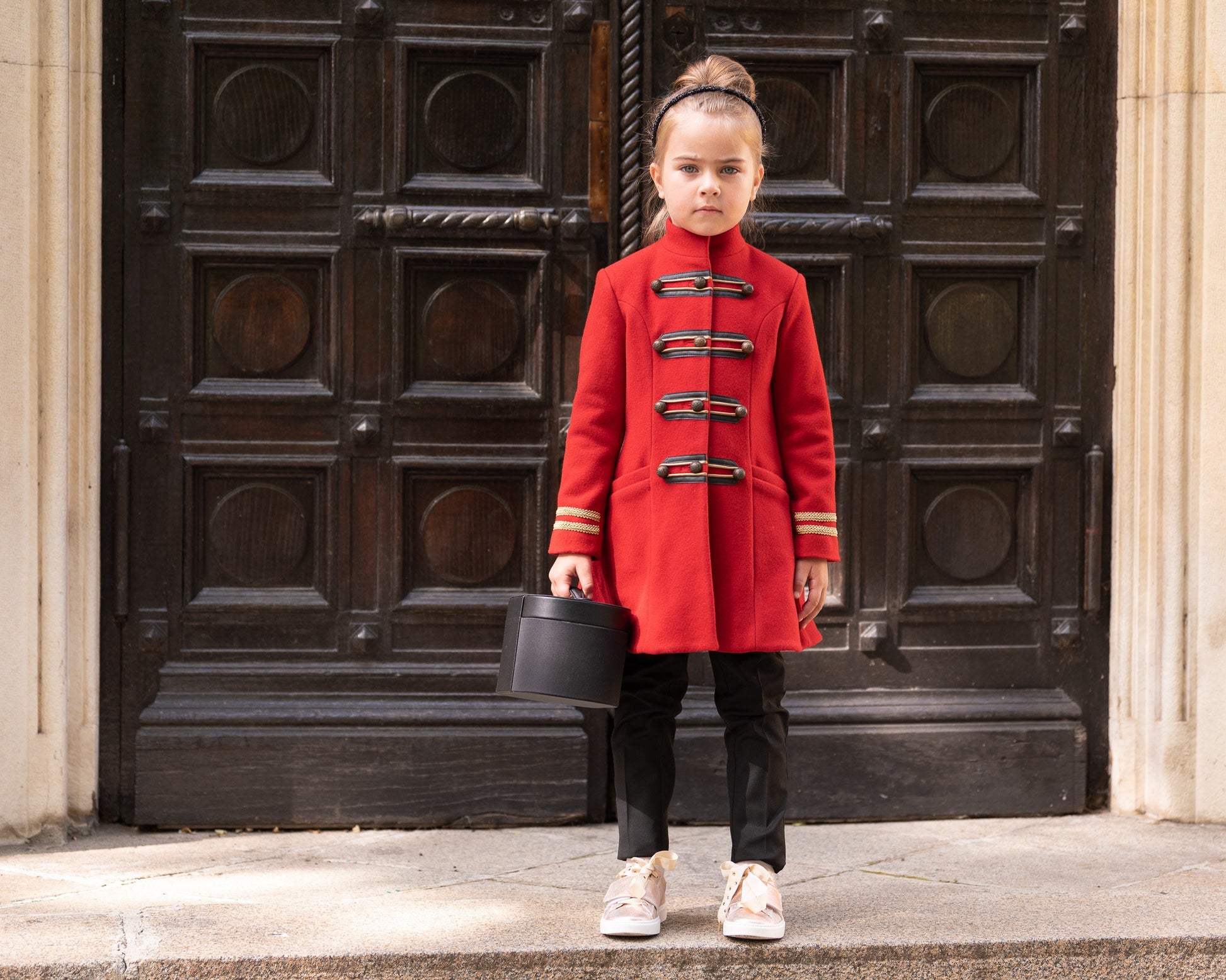 Wool girls long down coat/ Trench stand collar red coat/Toddler girl fit and flare coat/Kids military look wool coat/Warm winter girls coat
