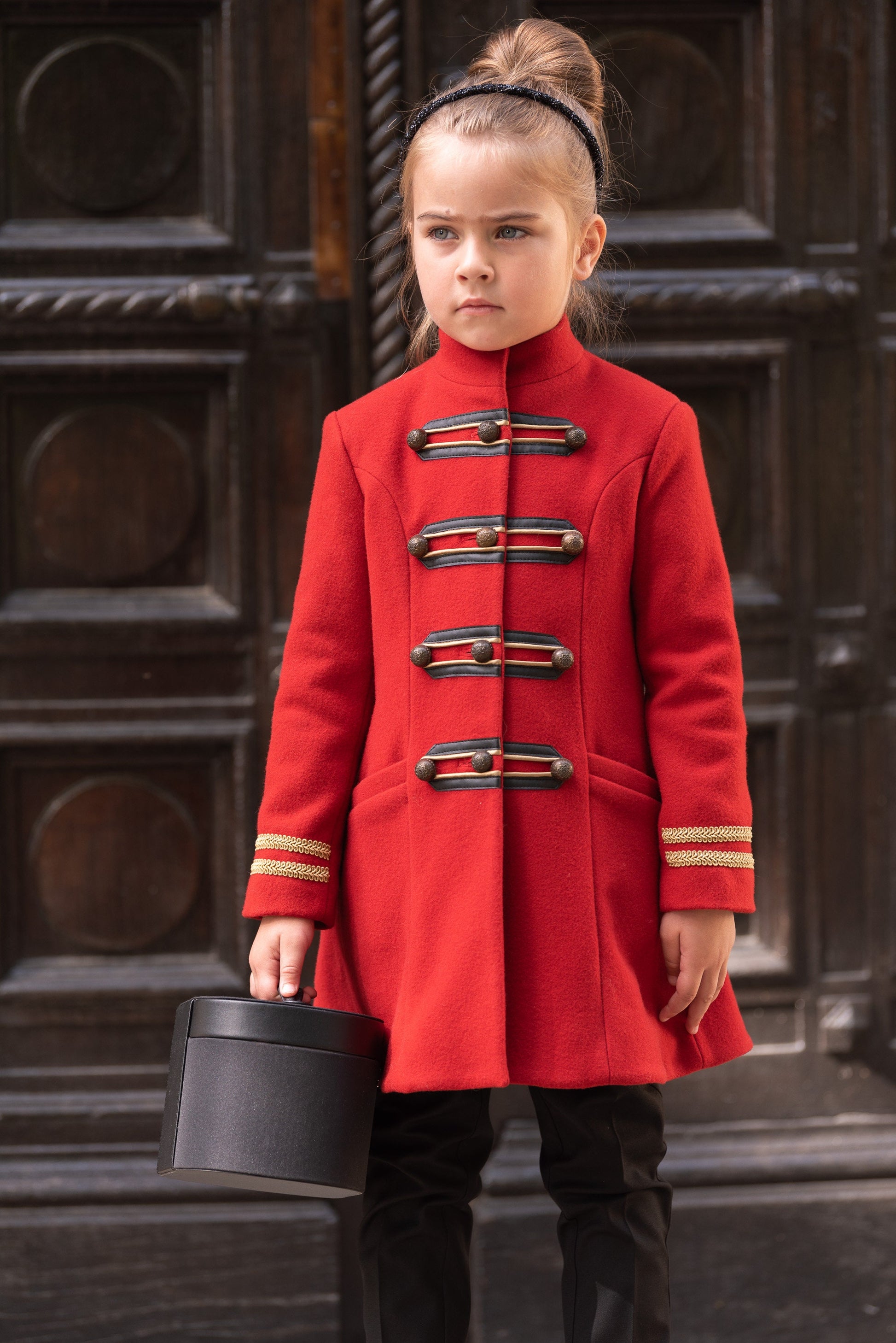 Wool girls long down coat/ Trench stand collar red coat/Toddler girl fit and flare coat/Kids military look wool coat/Warm winter girls coat