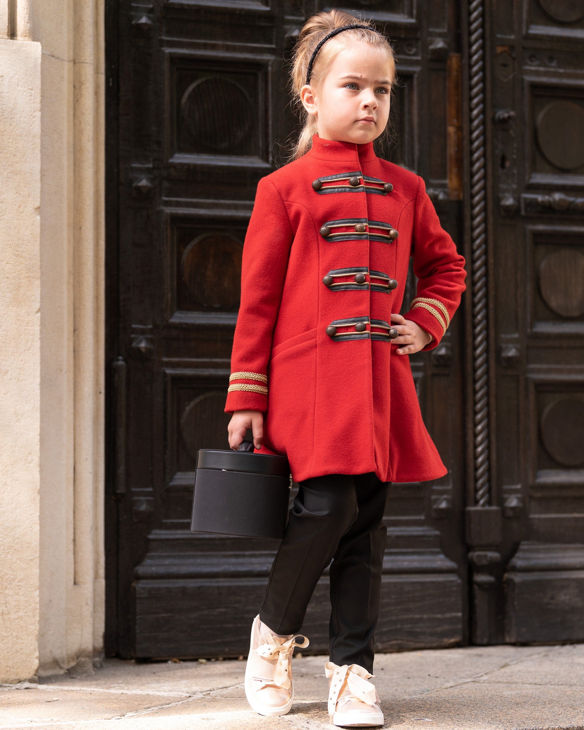 Wool girls long down coat/ Trench stand collar red coat/Toddler girl fit and flare coat/Kids military look wool coat/Warm winter girls coat