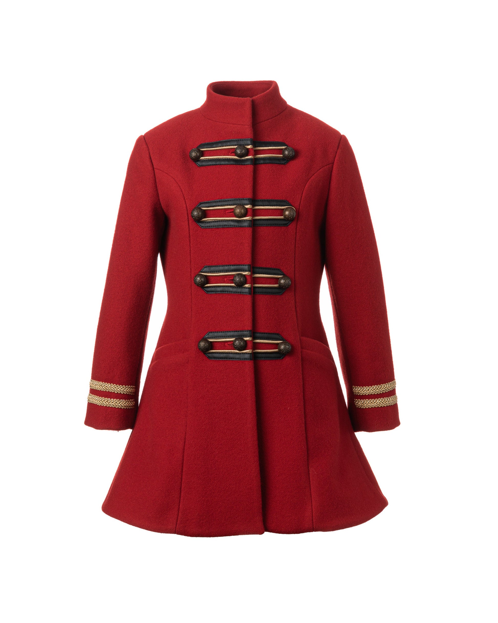 Wool girls long down coat/ Trench stand collar red coat/Toddler girl fit and flare coat/Kids military look wool coat/Warm winter girls coat