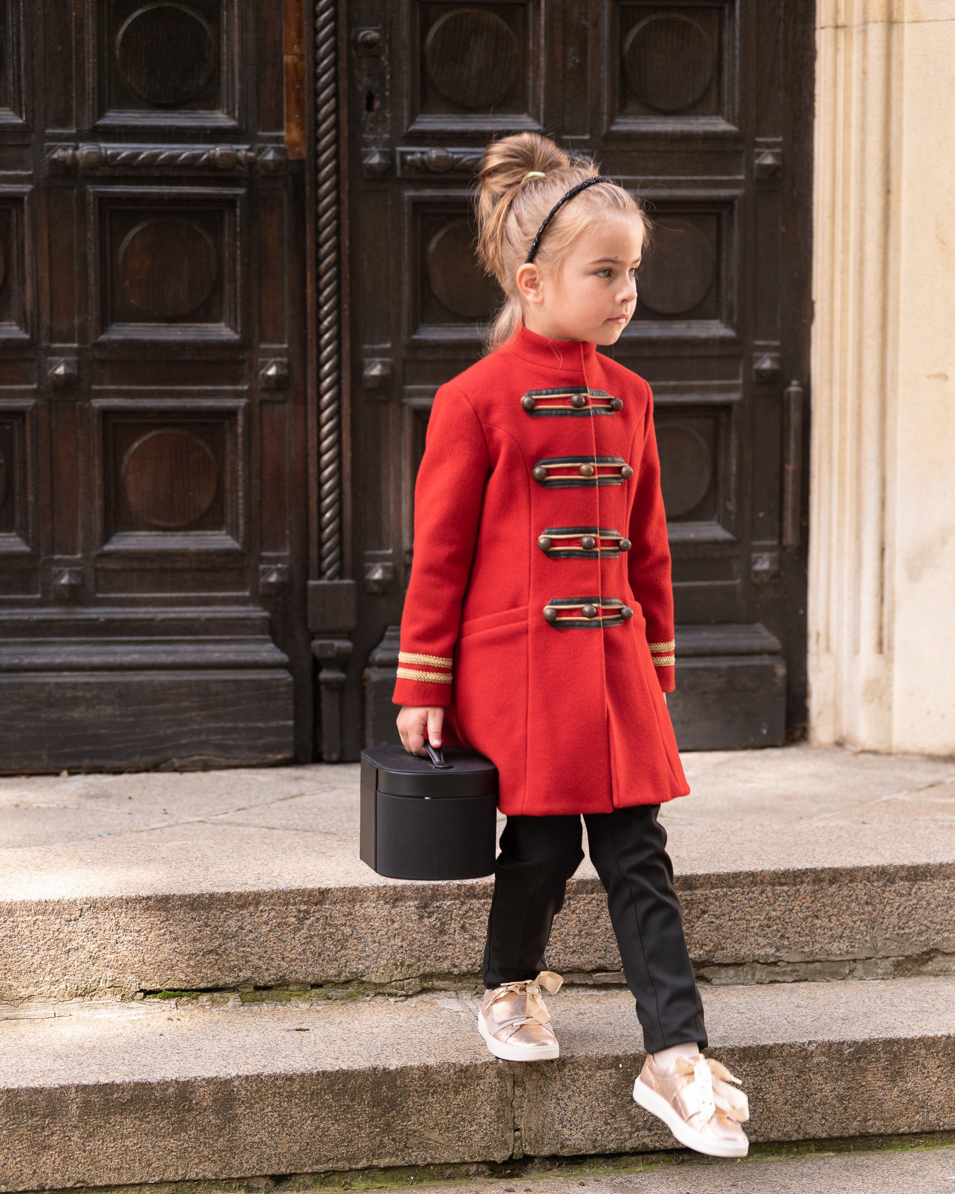 Wool girls long down coat/ Trench stand collar red coat/Toddler girl fit and flare coat/Kids military look wool coat/Warm winter girls coat