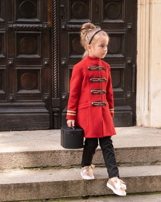 Wool girls long down coat/ Trench stand collar red coat/Toddler girl fit and flare coat/Kids military look wool coat/Warm winter girls coat