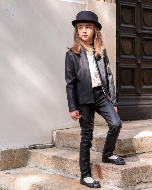 Black leather jacket/Faux leather girls outfit/Toddler leather jacket/Kids leather jacket/Vegan leather outfit/Vintage Eco leather clothing