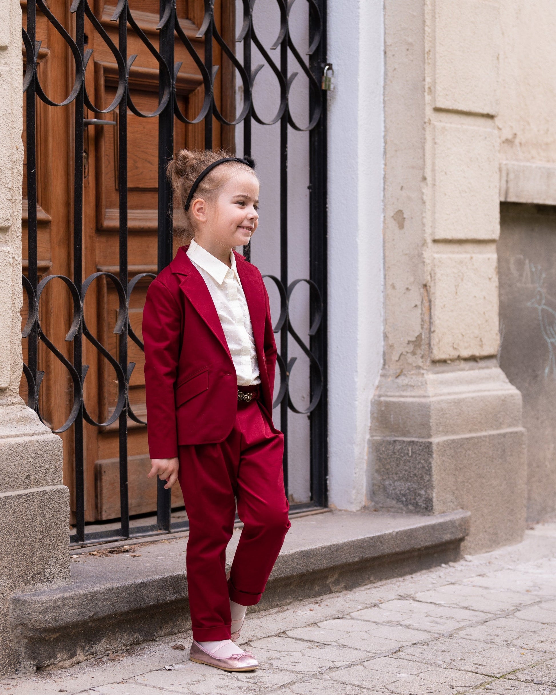 Stylish cotton girls suit/ Tailored toddler suit/ Formal dress wear for girls/ Kids formal jacket and pants outfit/ Red suit for girls