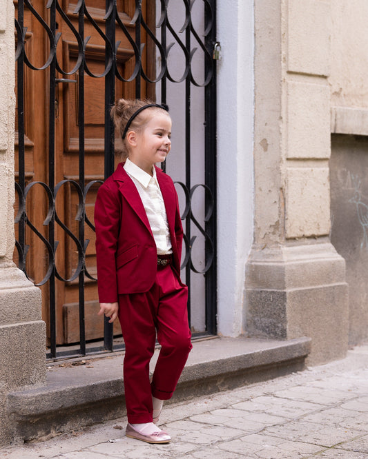 Stylish cotton girls suit/ Tailored toddler suit/ Formal dress wear for girls/ Kids formal jacket and pants outfit/ Red suit for girls