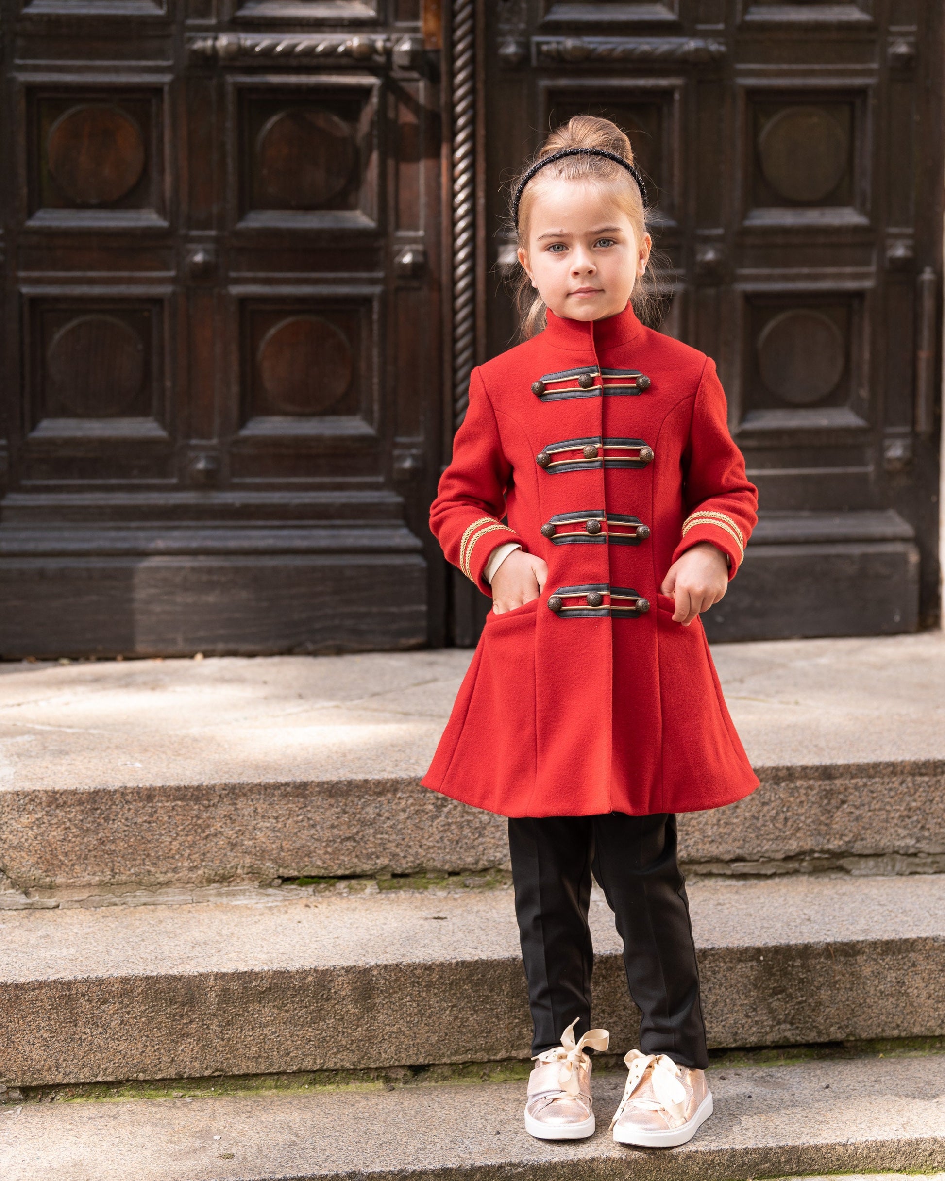 Wool girls long down coat/ Trench stand collar red coat/Toddler girl fit and flare coat/Kids military look wool coat/Warm winter girls coat