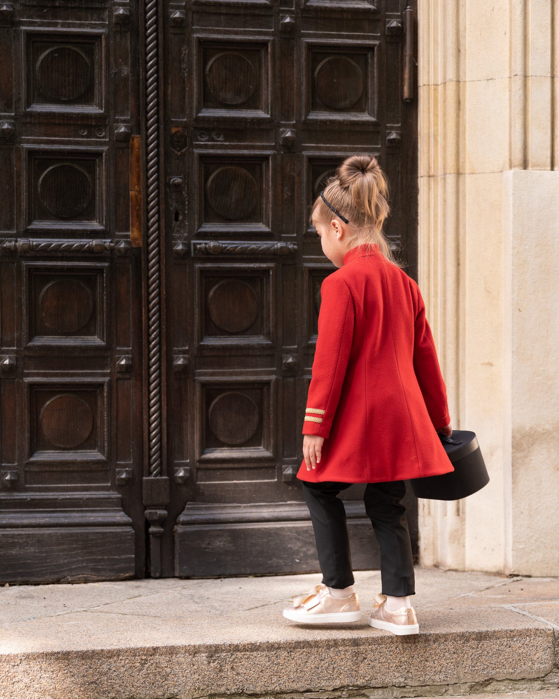 Wool girls long down coat/ Trench stand collar red coat/Toddler girl fit and flare coat/Kids military look wool coat/Warm winter girls coat
