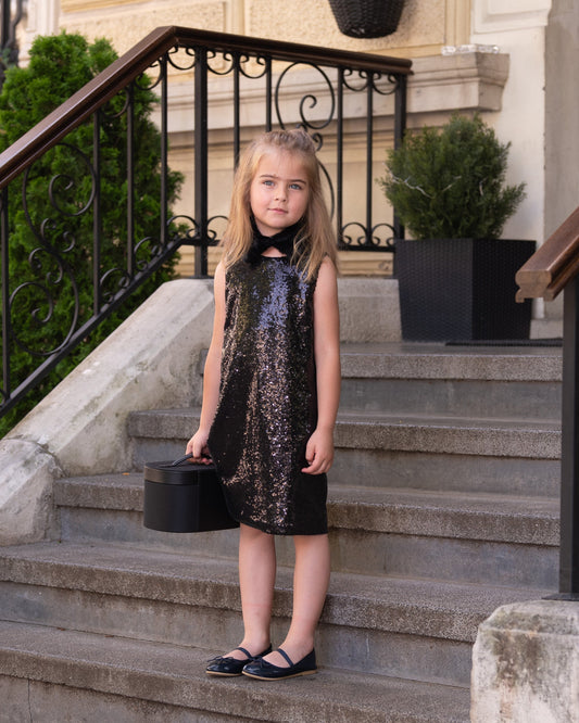 Black sequin midi dress girl/ Shiny formal toddler dress/ Luxury girls dresses/ Sleeveless shift dress for birthday/ Ocassional outfit