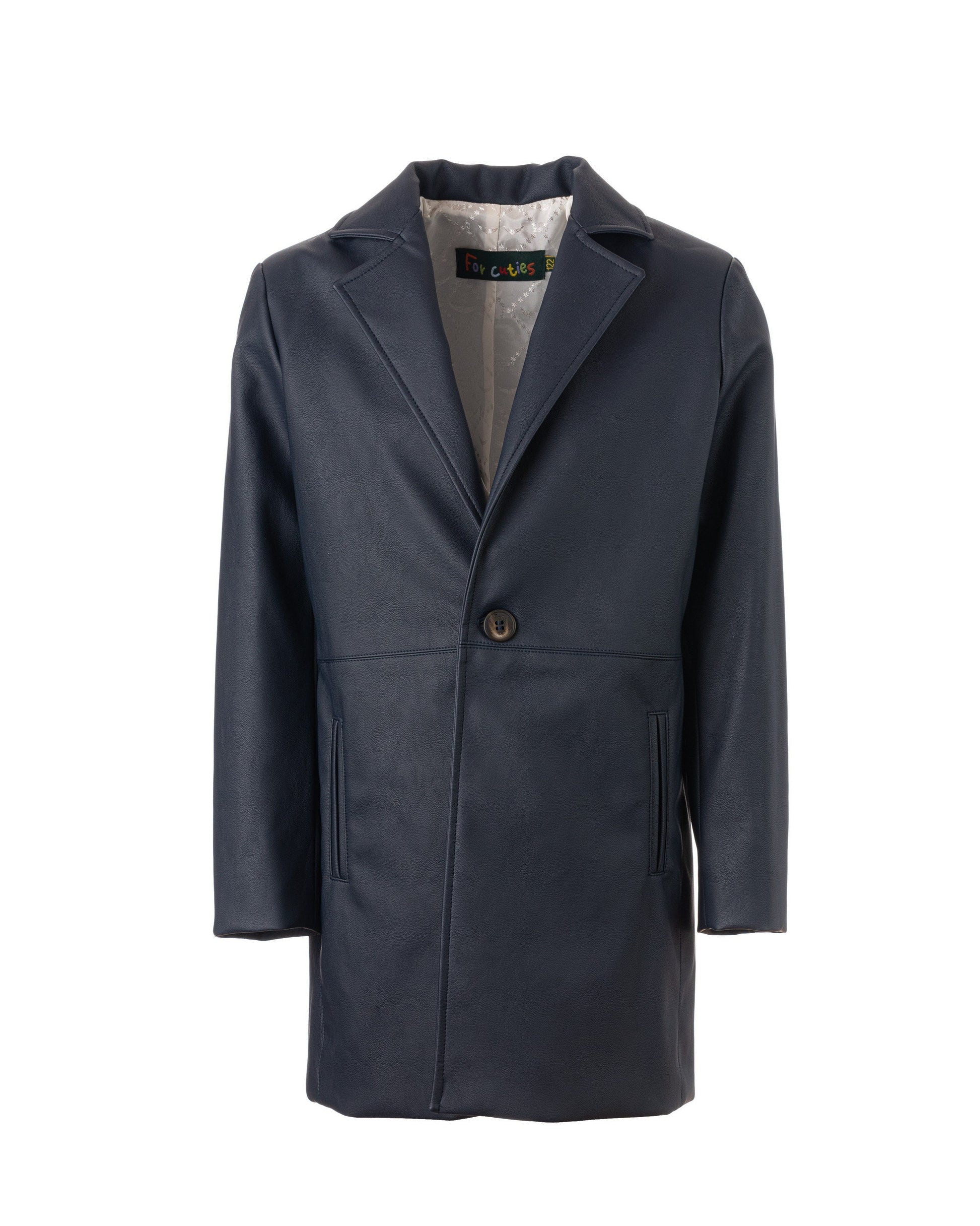 Kids navy blue faux leather long coat / Toddler boy modern outfit / Button down coat for boys/ Leather formal wear coat for boys
