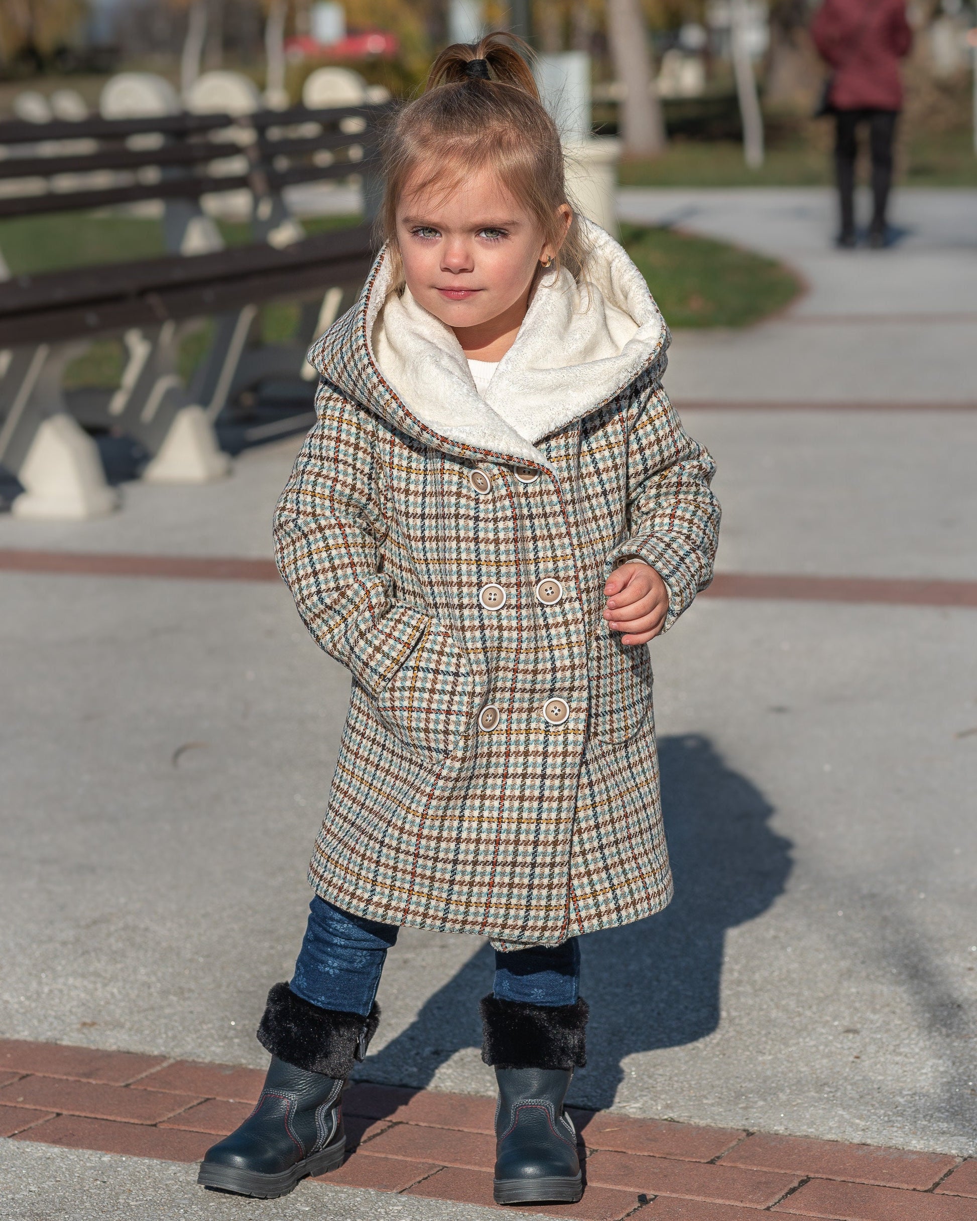 Hooded wool houndstooth coat girl jacket/ Tweed checked toddler coat large hood Kids wool plaid overcoat/ Square check tartan tweeted jacket