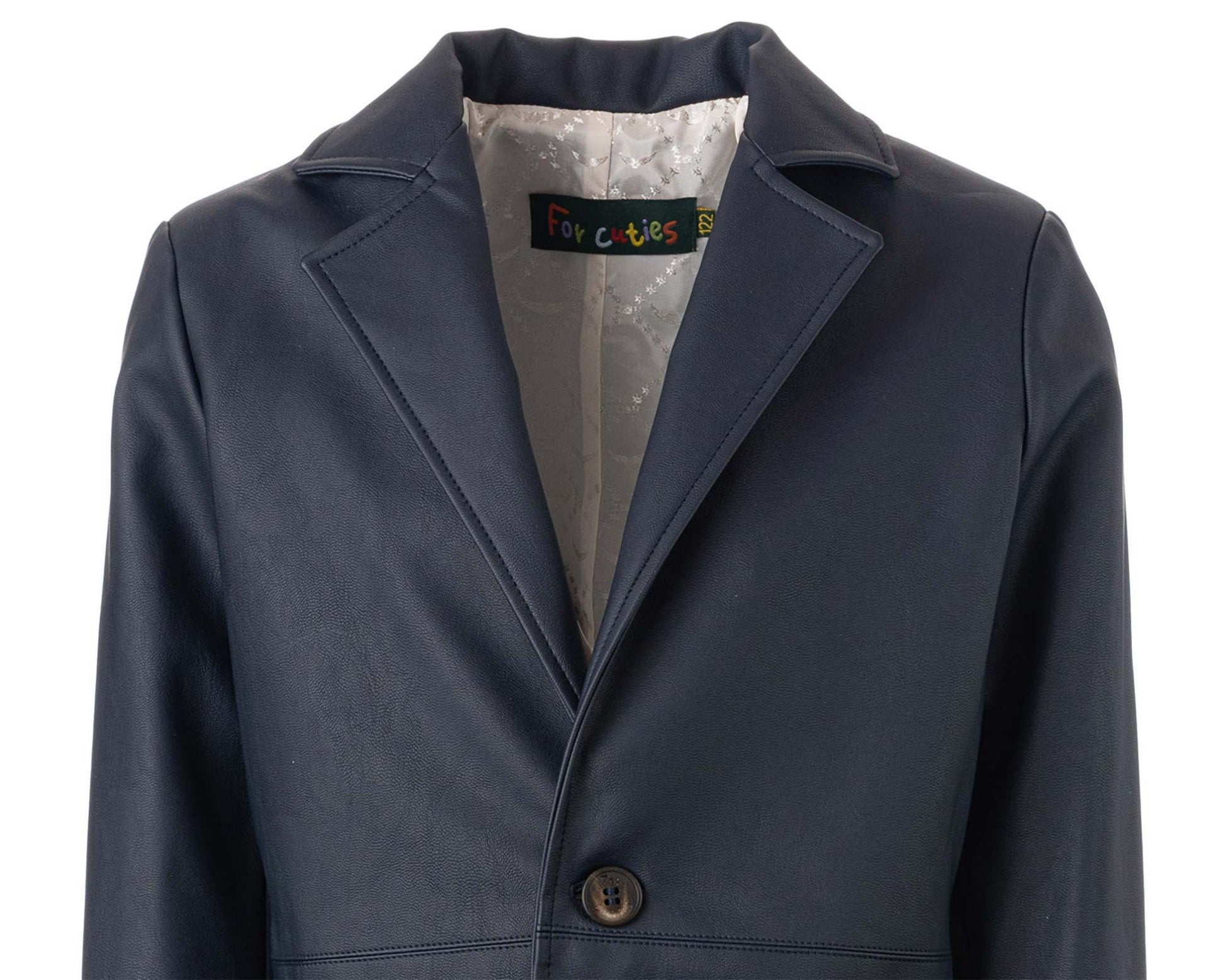 Kids navy blue faux leather long coat / Toddler boy modern outfit / Button down coat for boys/ Leather formal wear coat for boys