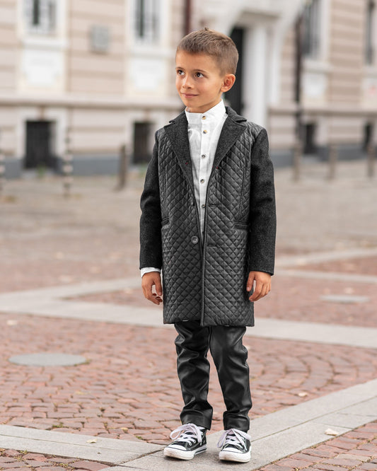 Black wool coat child / Leather coat Kids long down Toddler boy coat Back to School outfit / Winter coat toddler / Leather quilted coat