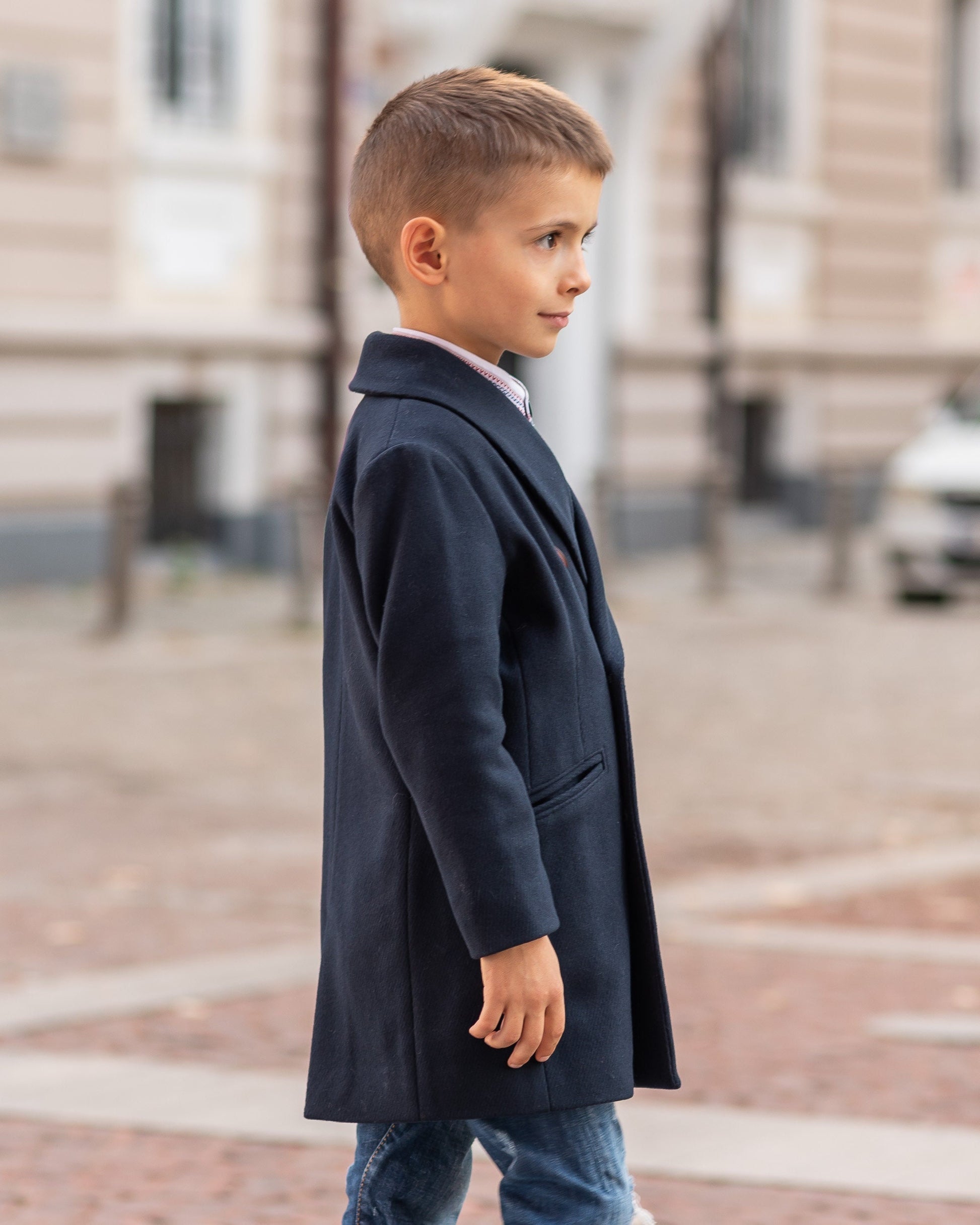 Long shawl collar wool for boys, Double breasted down coat toddler, Kids warm winter vintage coat, Navy classic coat, Junior long pea coat
