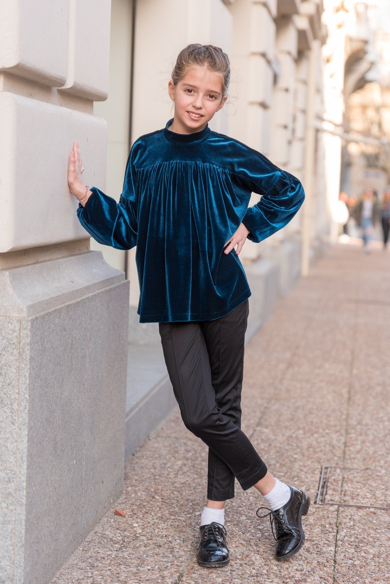 Velvet gathered blouse with long sleeve, Girl blue velvet shirt, Velveteen fabric top, Victorian blouse Romantic top Toddler formal wear
