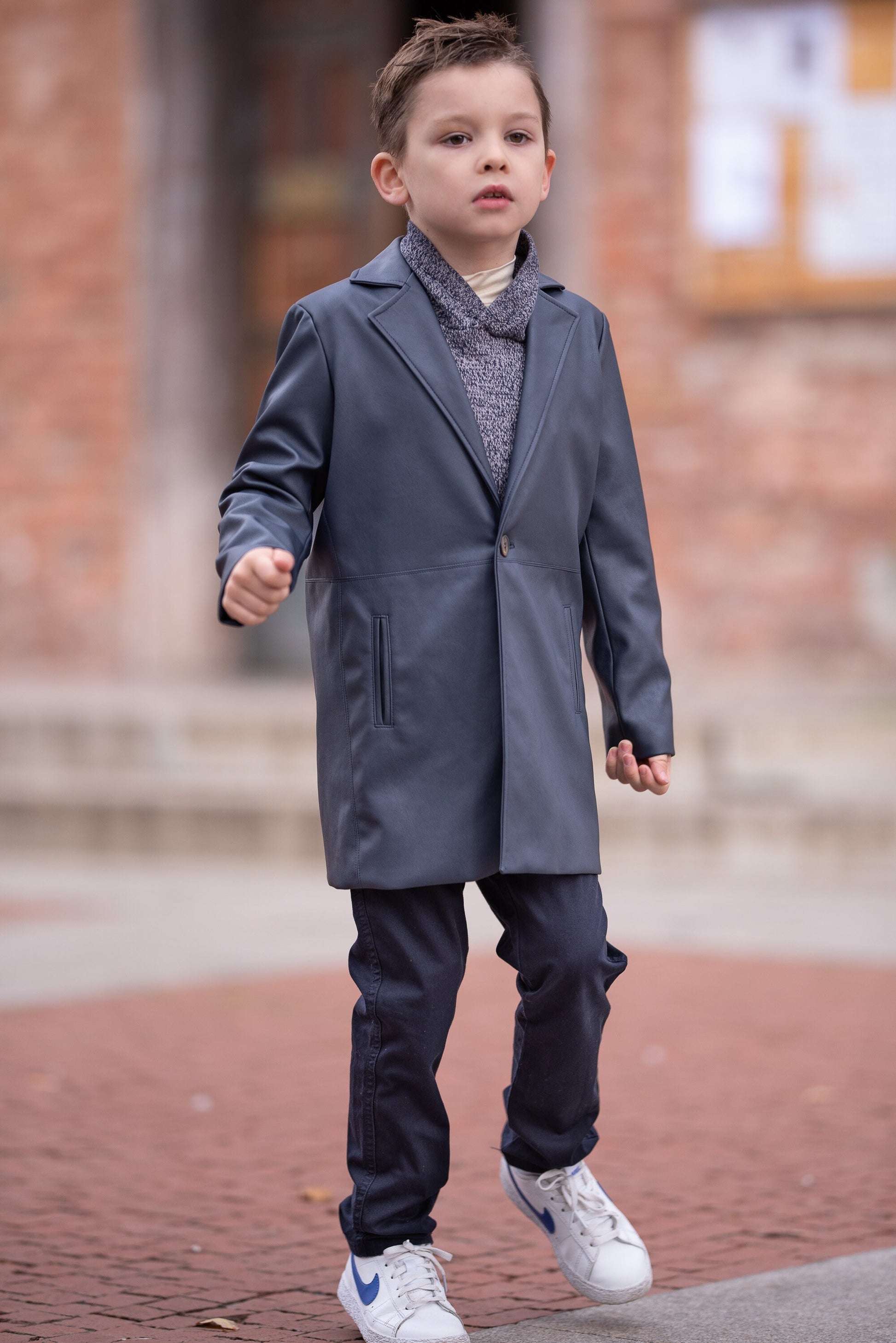 Kids navy blue faux leather long coat / Toddler boy modern outfit / Button down coat for boys/ Leather formal wear coat for boys