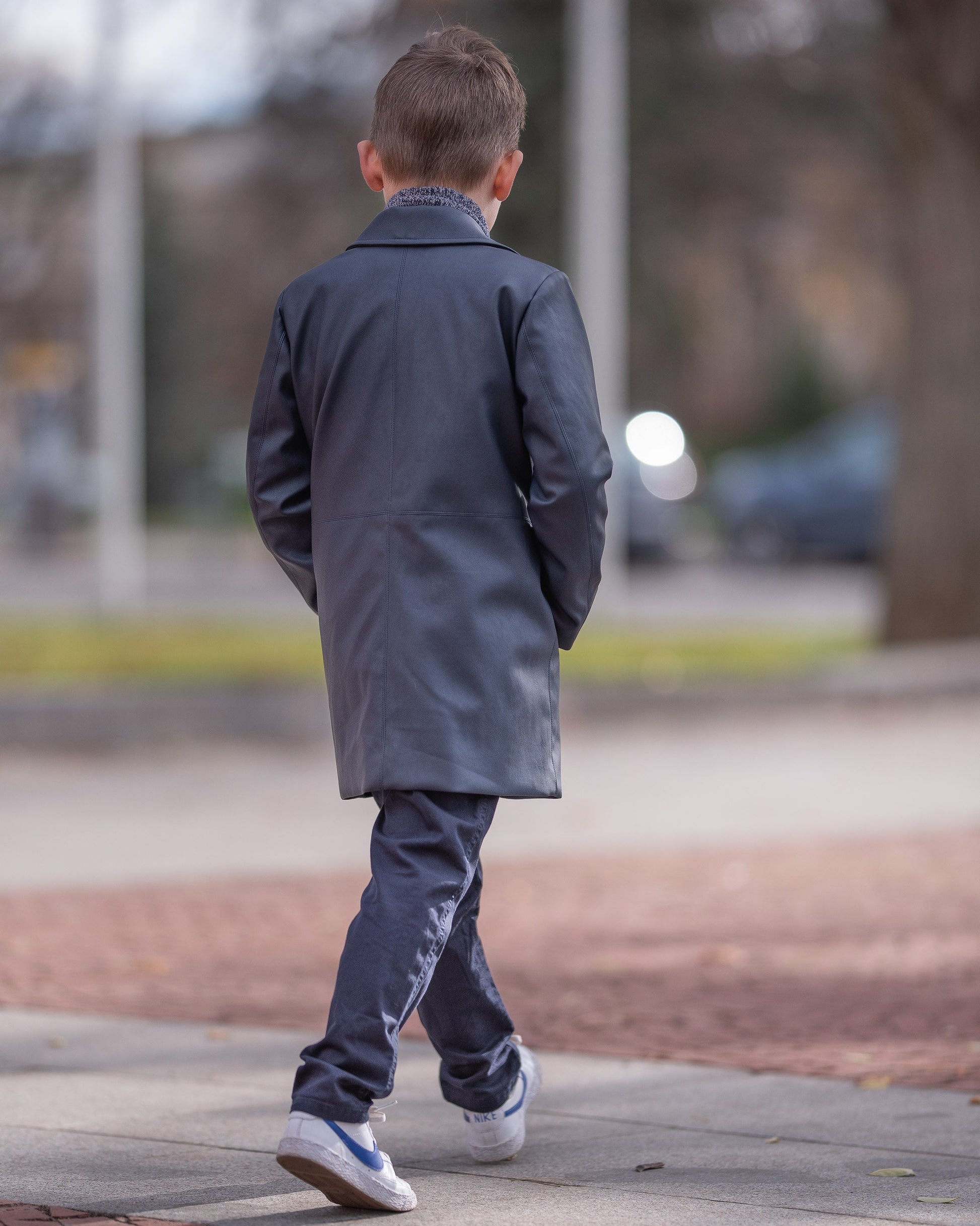 Kids navy blue faux leather long coat / Toddler boy modern outfit / Button down coat for boys/ Leather formal wear coat for boys