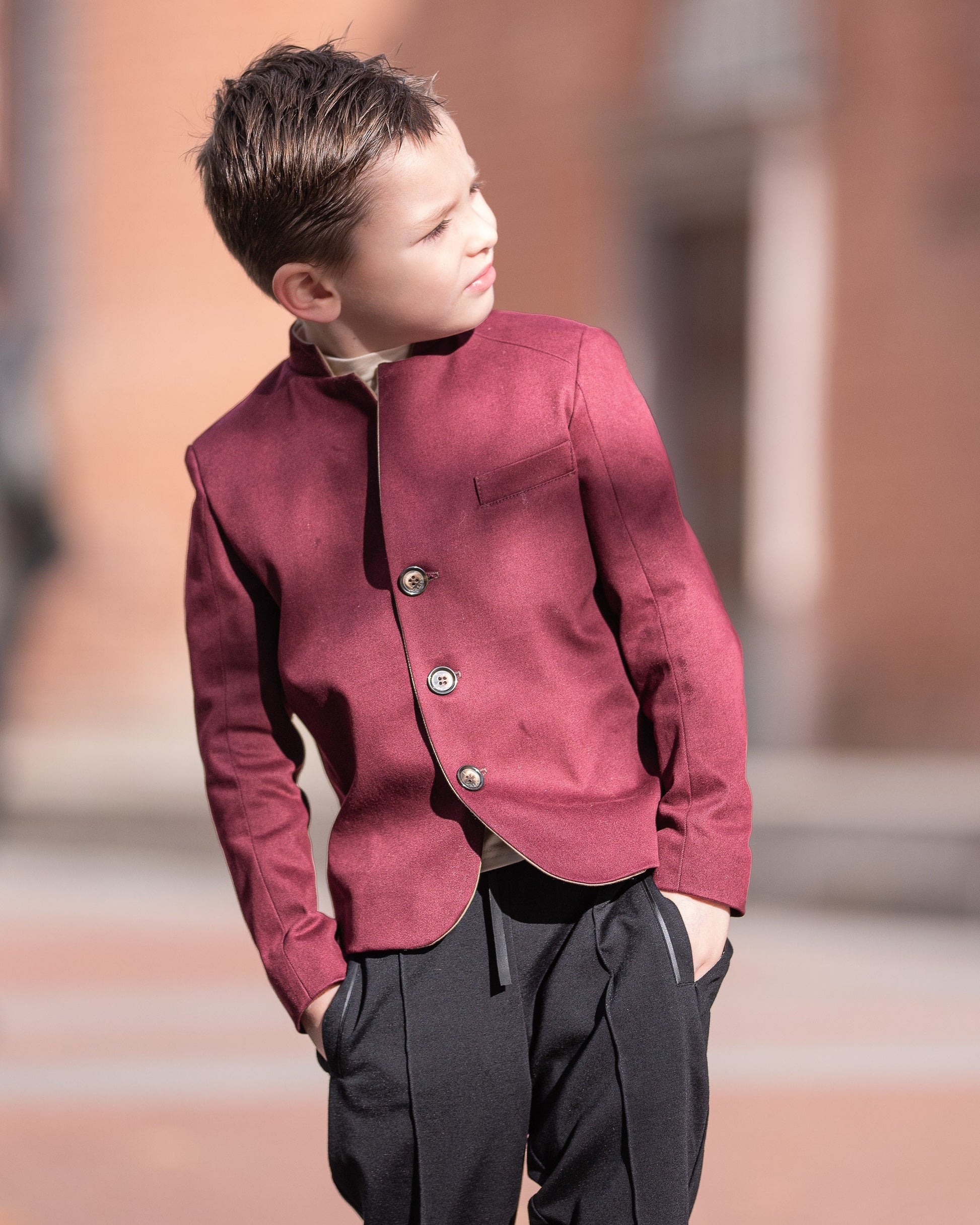 Slim fitted burgundy color cotton jacket for boys/ Single breasted blazer/ Stand up collar kids jacket/ Tailored toddler blazer/ Boys wear