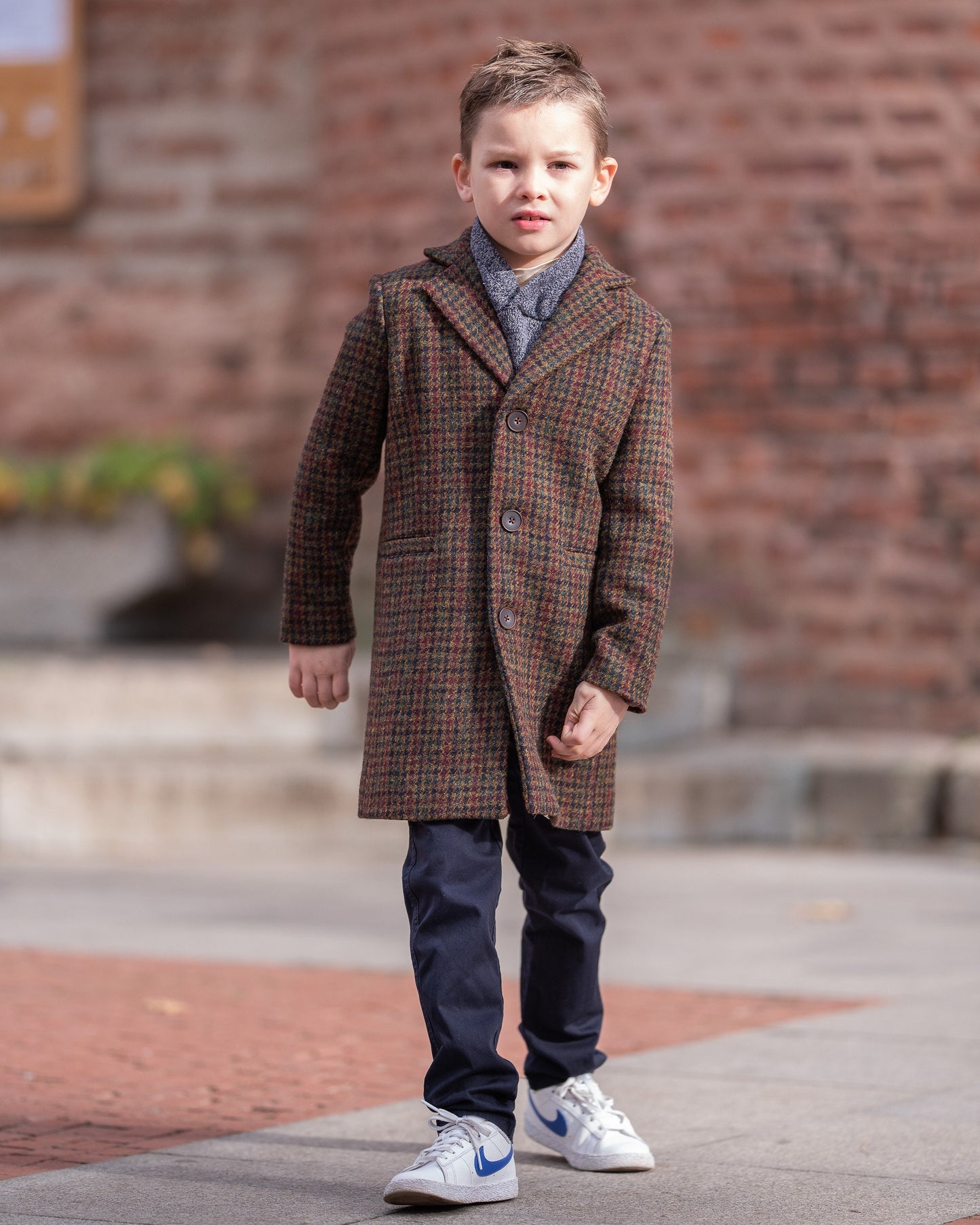 Single breasted houndsooth down coat for boys, Long wool peacoat for boys, Kids warm winter vintage coat , Long classic toddler coat