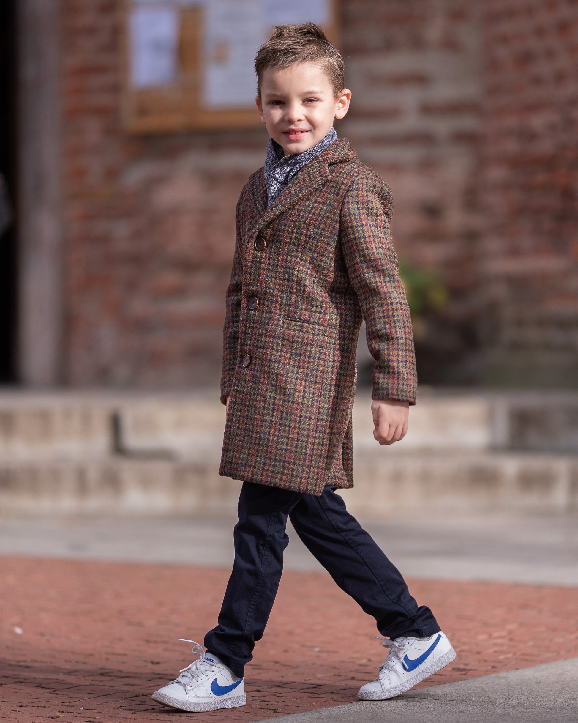 Single breasted houndsooth down coat for boys, Long wool peacoat for boys, Kids warm winter vintage coat , Long classic toddler coat