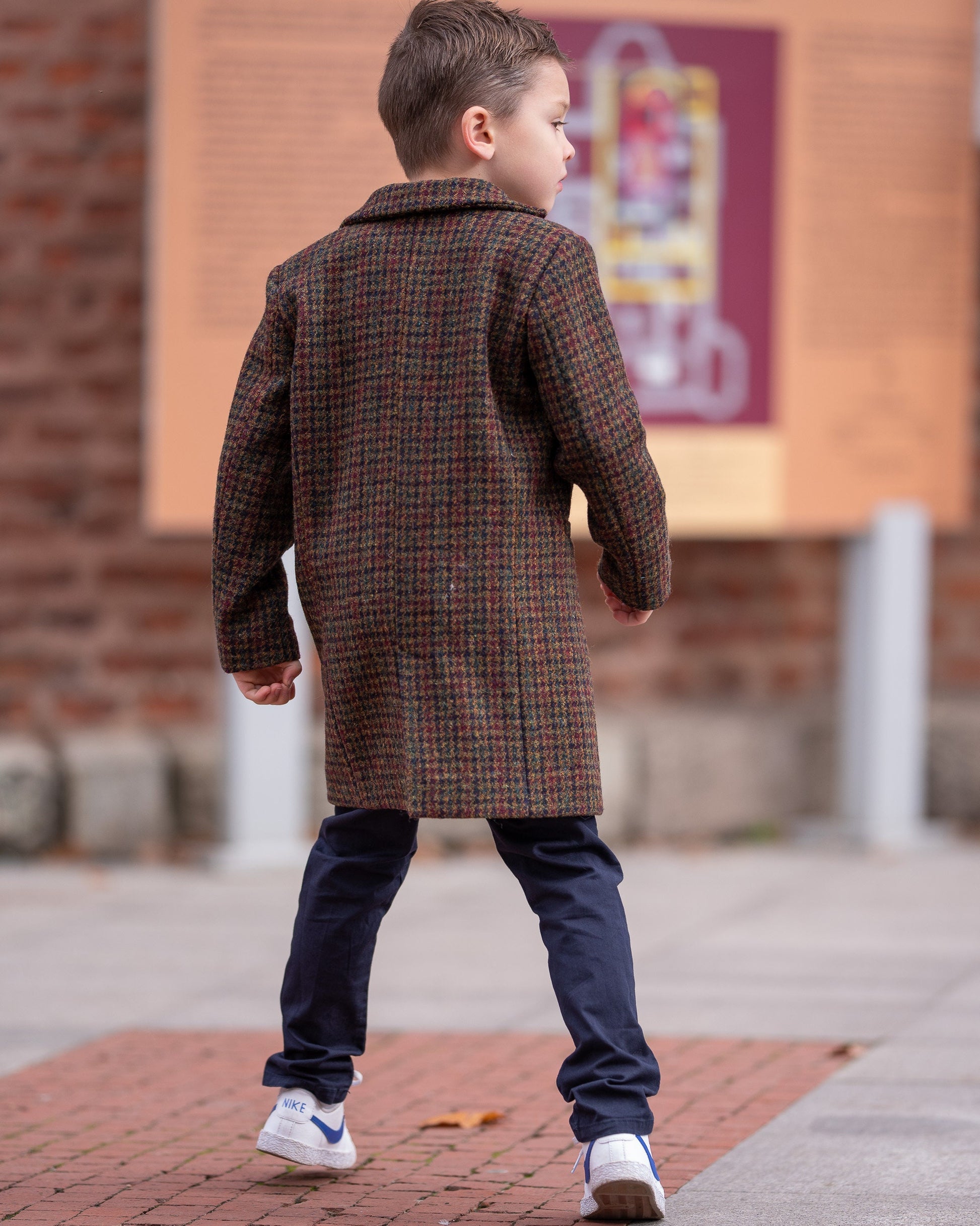 Single breasted houndsooth down coat for boys, Long wool peacoat for boys, Kids warm winter vintage coat , Long classic toddler coat