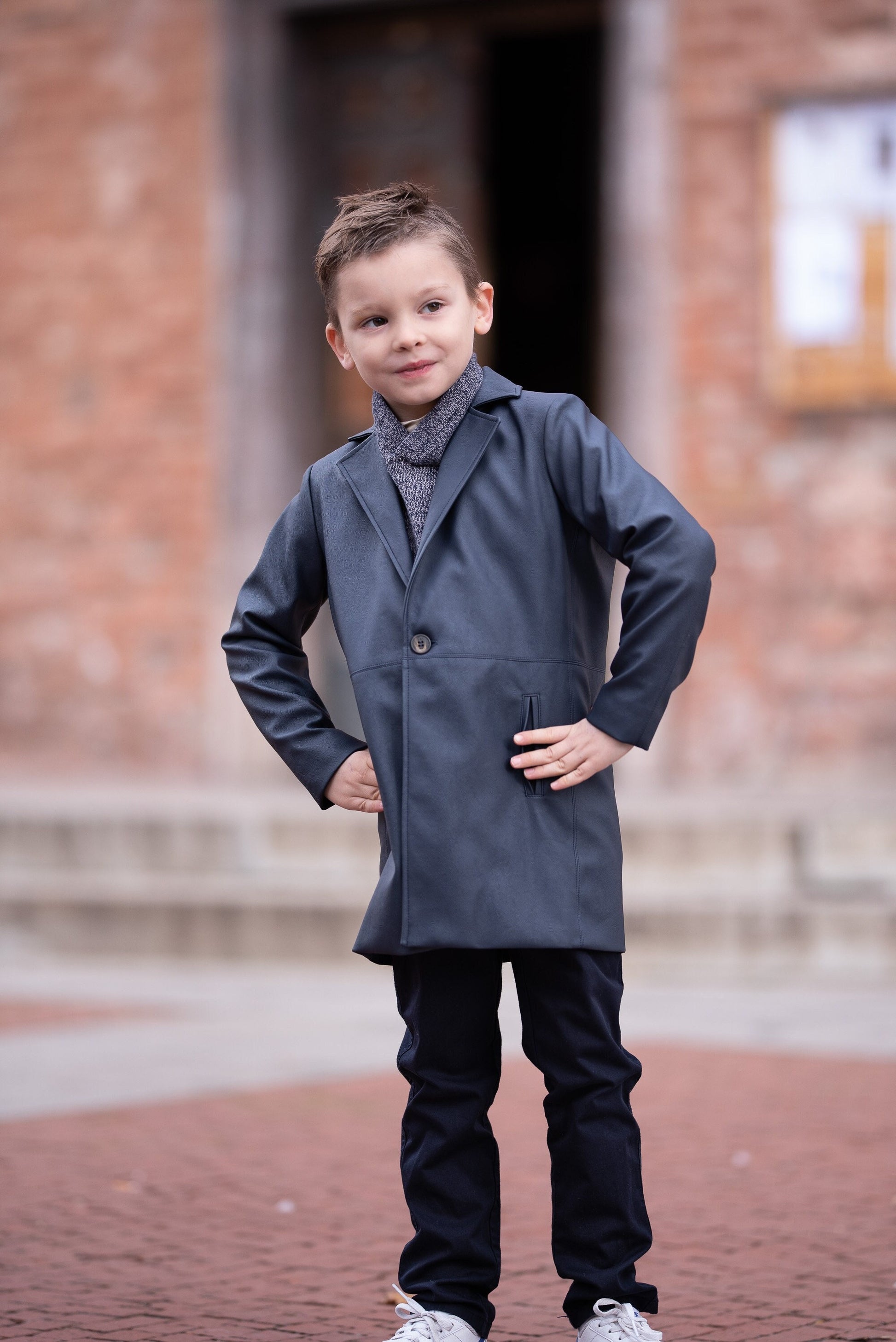 Kids navy blue faux leather long coat / Toddler boy modern outfit / Button down coat for boys/ Leather formal wear coat for boys