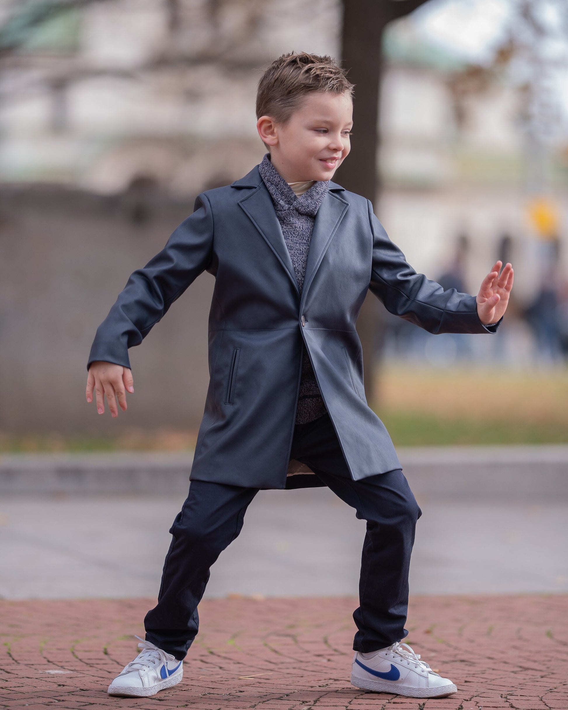Kids navy blue faux leather long coat / Toddler boy modern outfit / Button down coat for boys/ Leather formal wear coat for boys