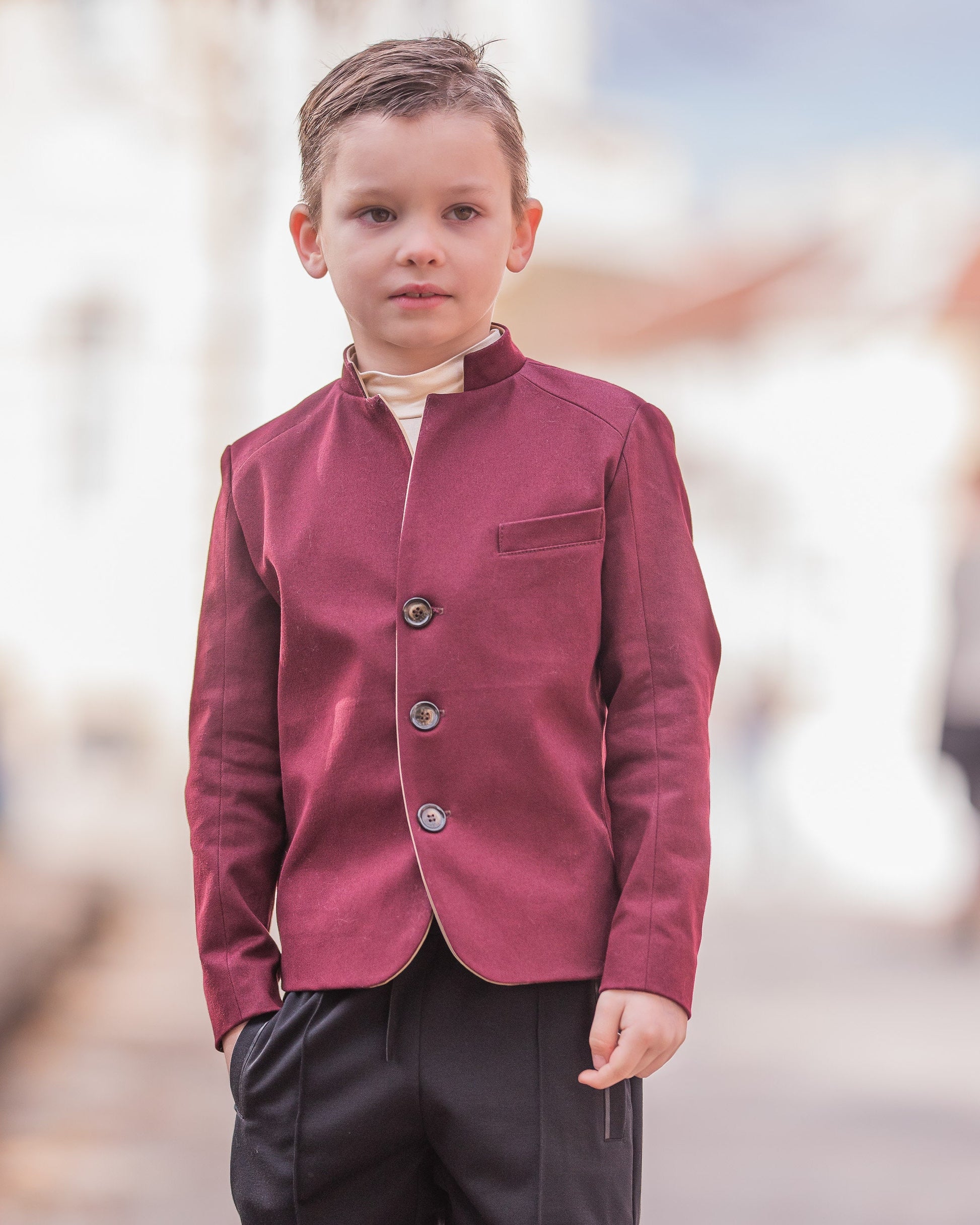 Slim fitted burgundy color cotton jacket for boys/ Single breasted blazer/ Stand up collar kids jacket/ Tailored toddler blazer/ Boys wear