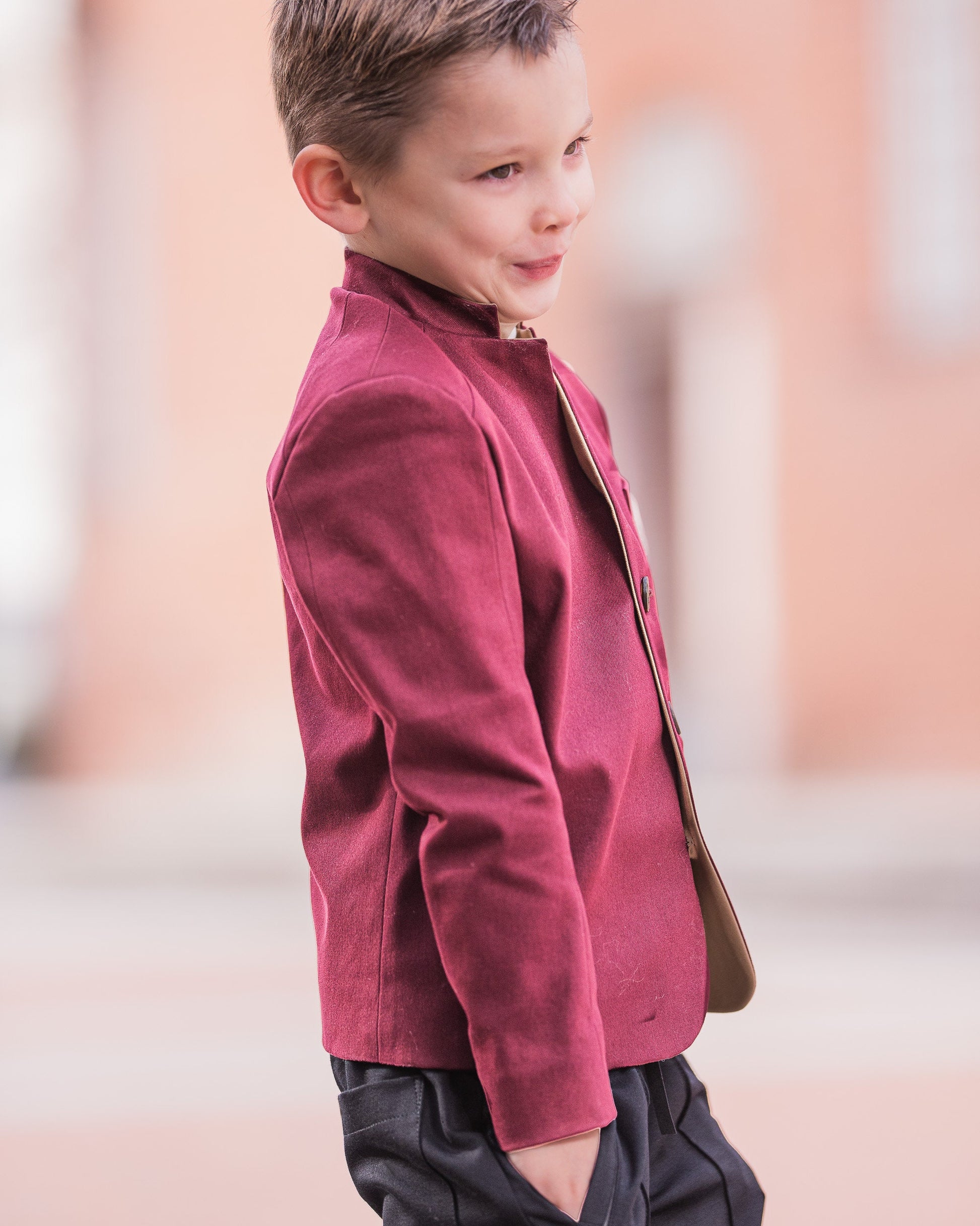 Slim fitted burgundy color cotton jacket for boys/ Single breasted blazer/ Stand up collar kids jacket/ Tailored toddler blazer/ Boys wear