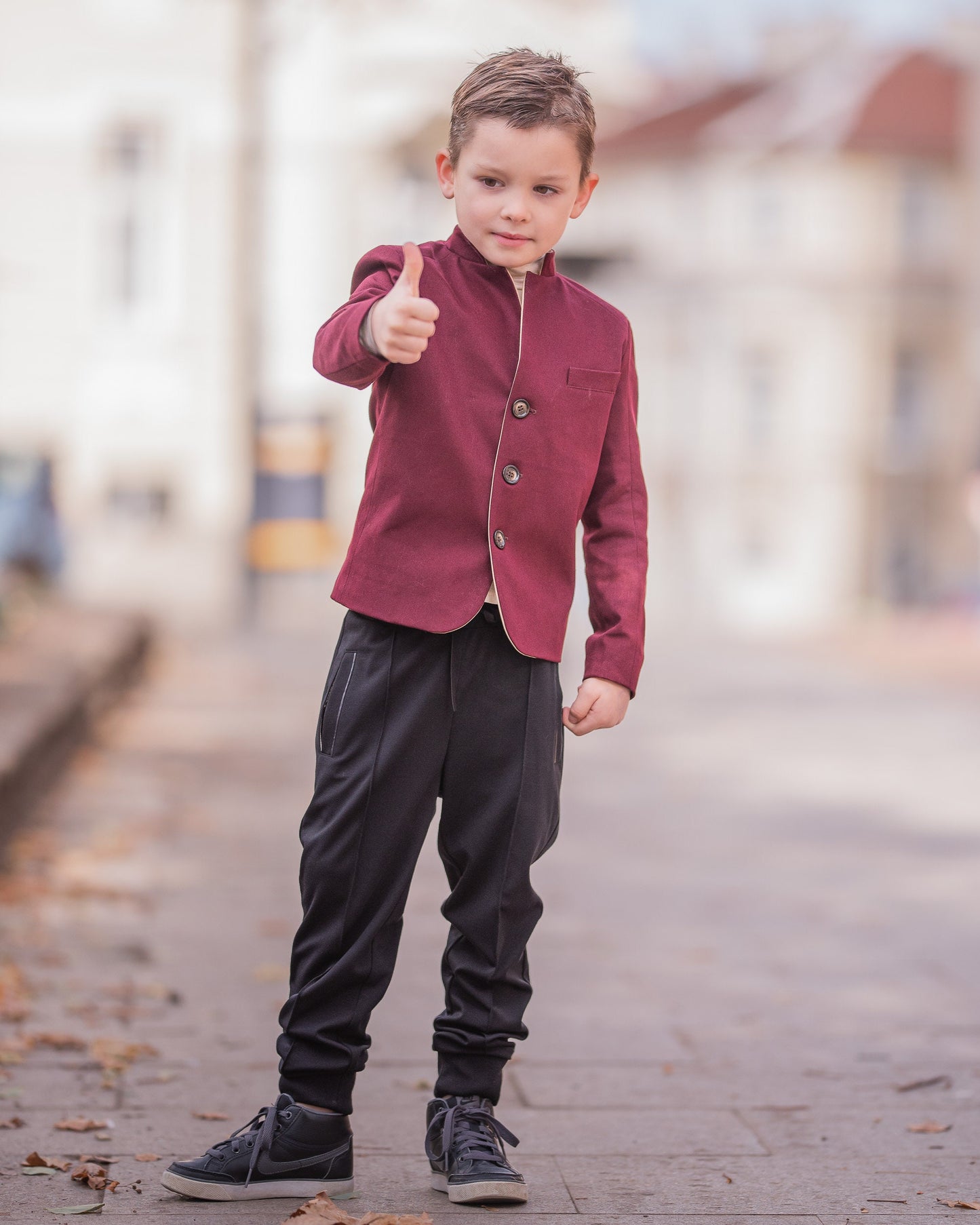 Slim fitted burgundy color cotton jacket for boys/ Single breasted blazer/ Stand up collar kids jacket/ Tailored toddler blazer/ Boys wear