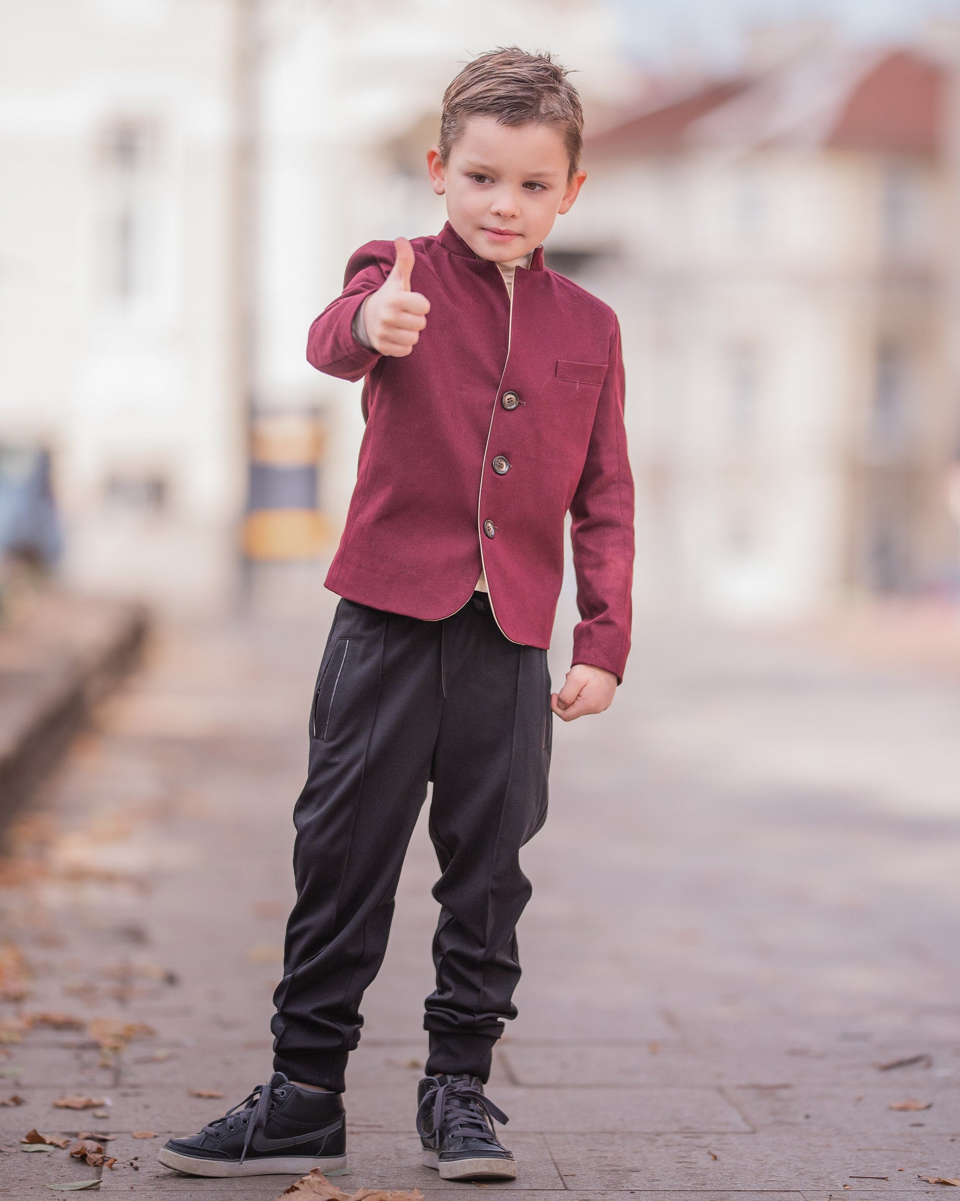 Slim fitted burgundy color cotton jacket for boys/ Single breasted blazer/ Stand up collar kids jacket/ Tailored toddler blazer/ Boys wear