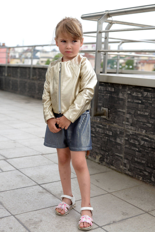 Shiny gold faux leather jacket for girls, Kids jacket, Short leather jacket, Cropped leather jacket, Eco Leather outfit, Stylish jacket