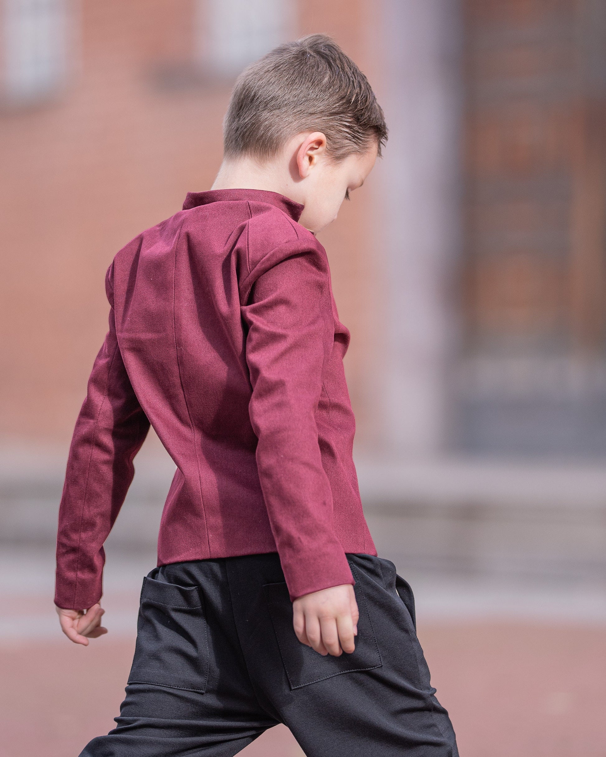 Slim fitted burgundy color cotton jacket for boys/ Single breasted blazer/ Stand up collar kids jacket/ Tailored toddler blazer/ Boys wear