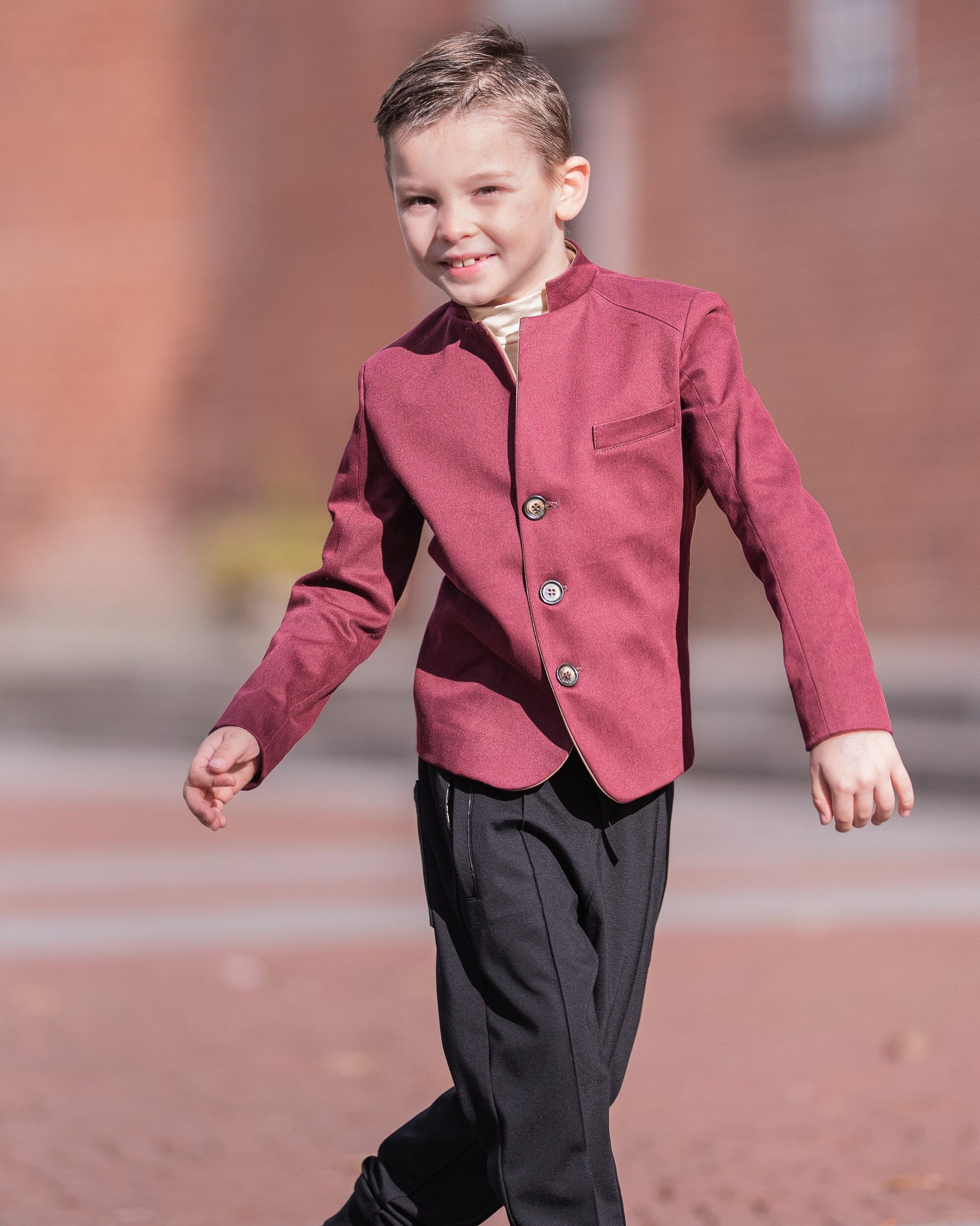 Slim fitted burgundy color cotton jacket for boys/ Single breasted blazer/ Stand up collar kids jacket/ Tailored toddler blazer/ Boys wear