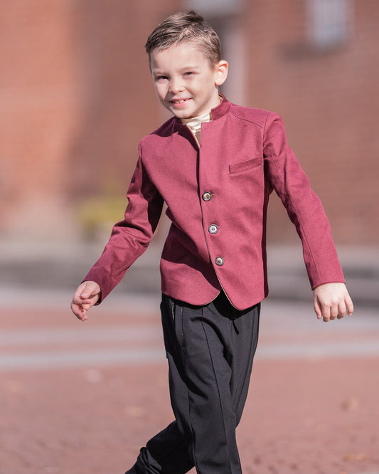 Slim fitted burgundy color cotton jacket for boys/ Single breasted blazer/ Stand up collar kids jacket/ Tailored toddler blazer/ Boys wear