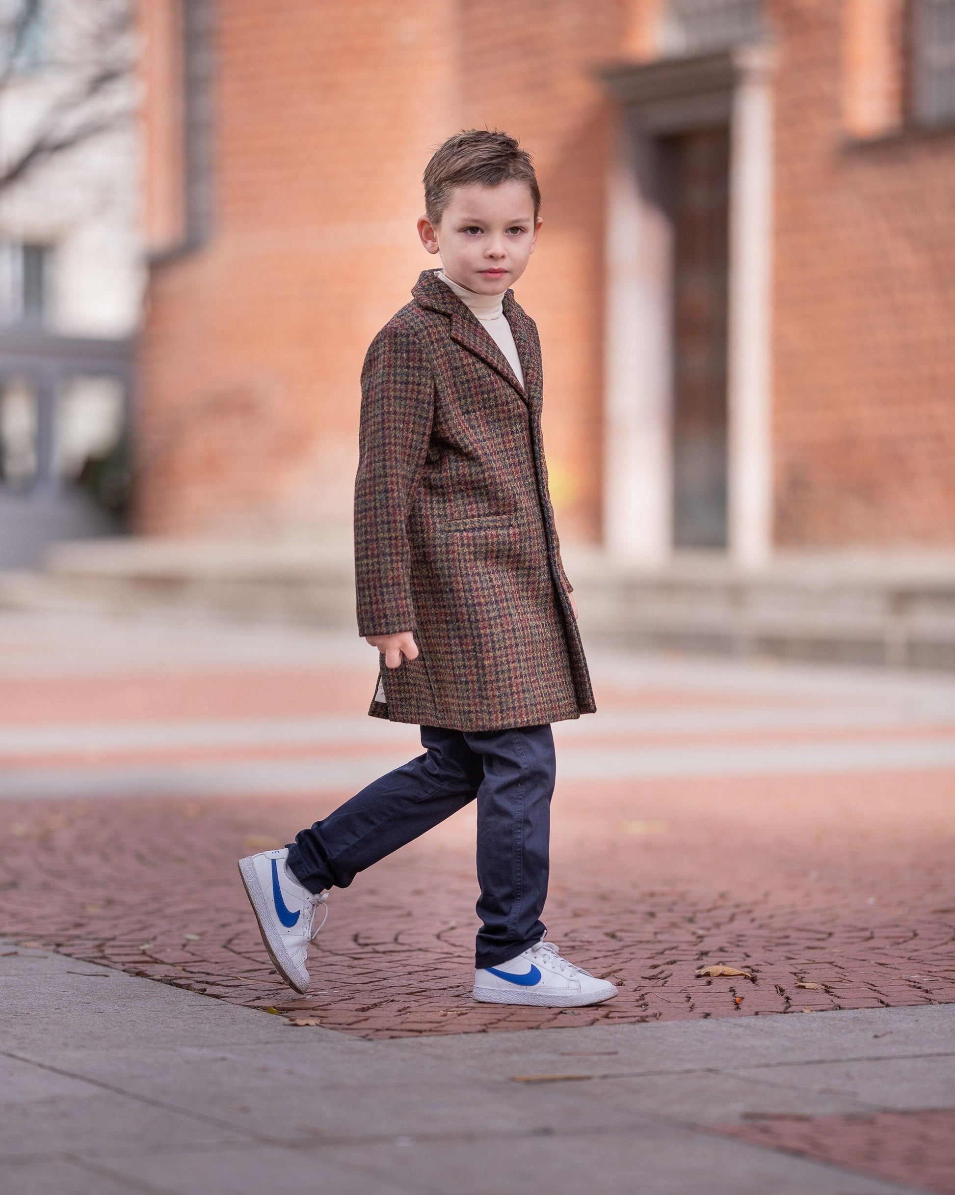 Single breasted houndsooth down coat for boys, Long wool peacoat for boys, Kids warm winter vintage coat , Long classic toddler coat
