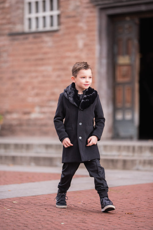 Boys black wool coat with removable faux fur collar, Stylish winter coat, Luxury boys clothes, Formal wool toddler coat , Winter outfit