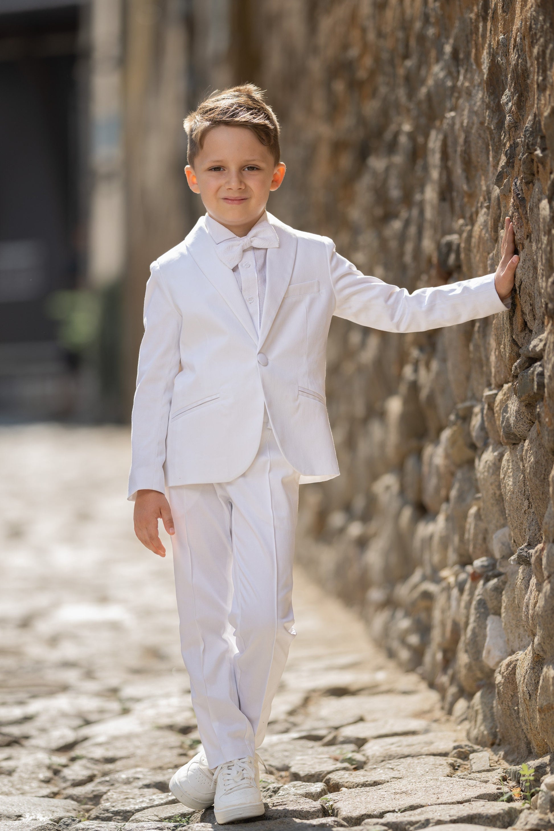 Boys white satin cotton formal suit/ Wedding kids outfit/ Communion toddler boy cotton suit set/ 4 pieces kids boy luxury dress suits
