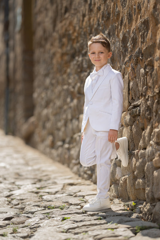 Boys white satin cotton formal suit/ Wedding kids outfit/ Communion toddler boy cotton suit set/ 4 pieces kids boy luxury dress suits