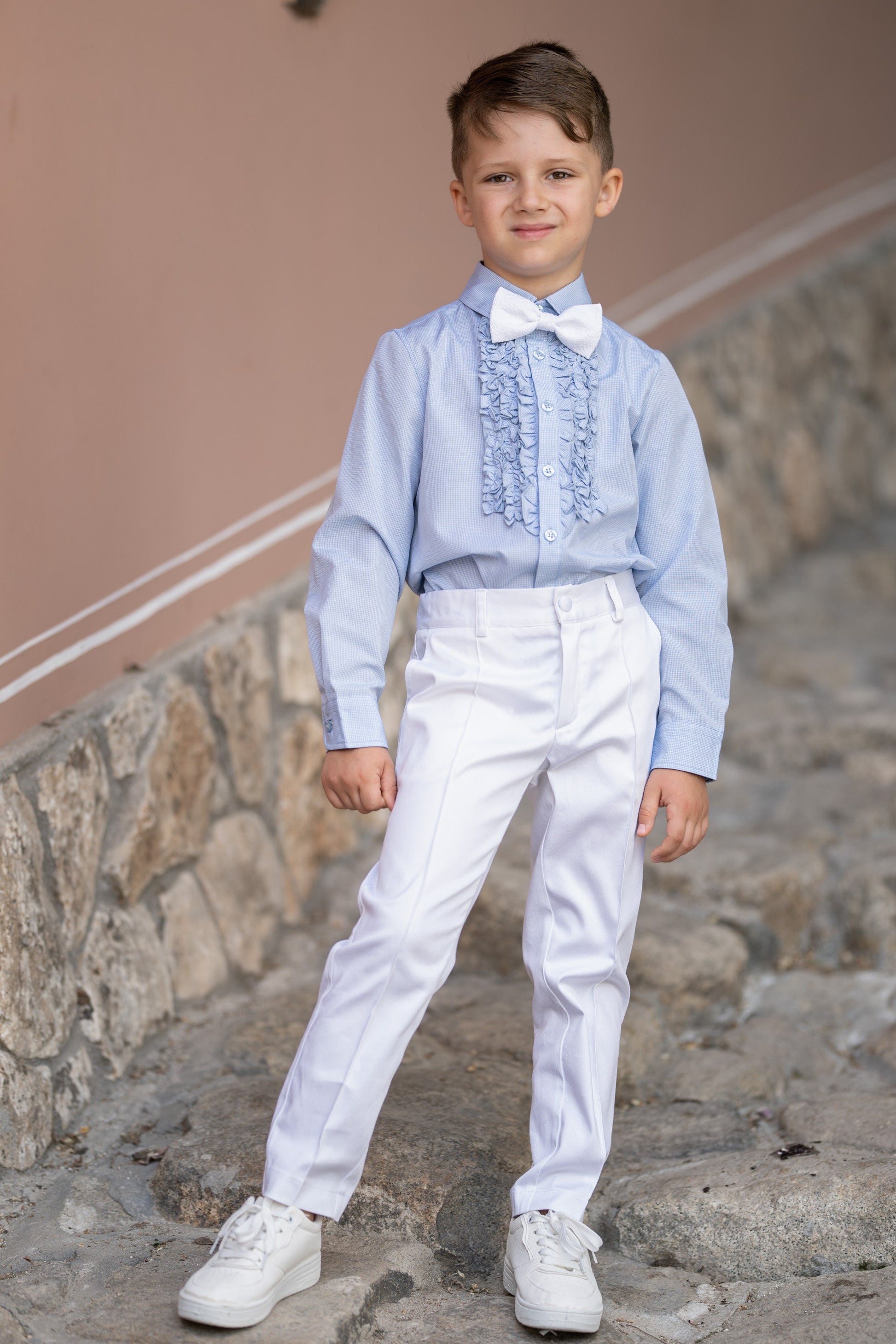 Wedding luxury boys outfit/ Ring bearer white satin cotton formal suit/ Communion toddler boy cotton suit set/ 4 pieces kids boy dress suits