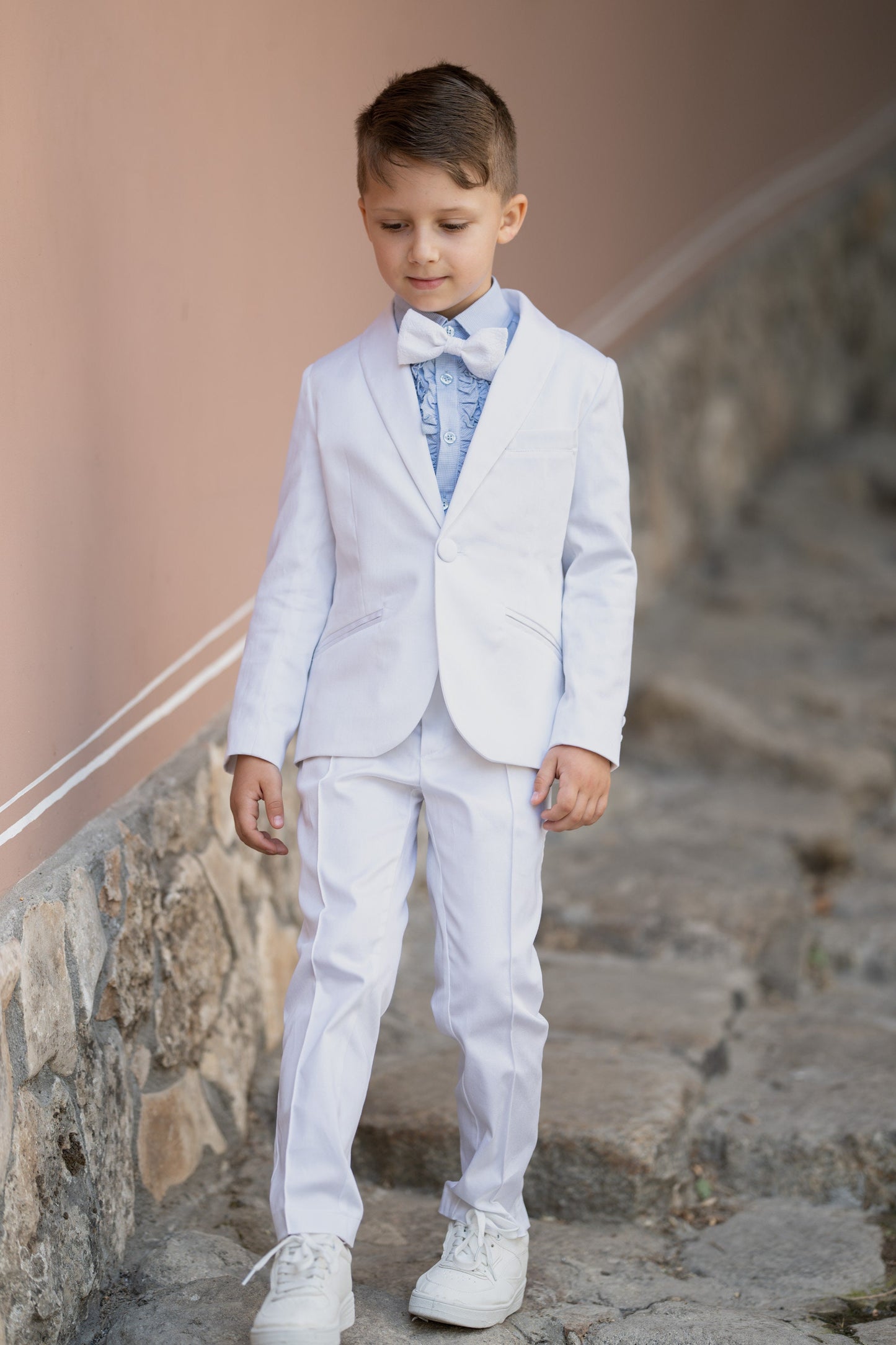Wedding luxury boys outfit/ Ring bearer white satin cotton formal suit/ Communion toddler boy cotton suit set/ 4 pieces kids boy dress suits