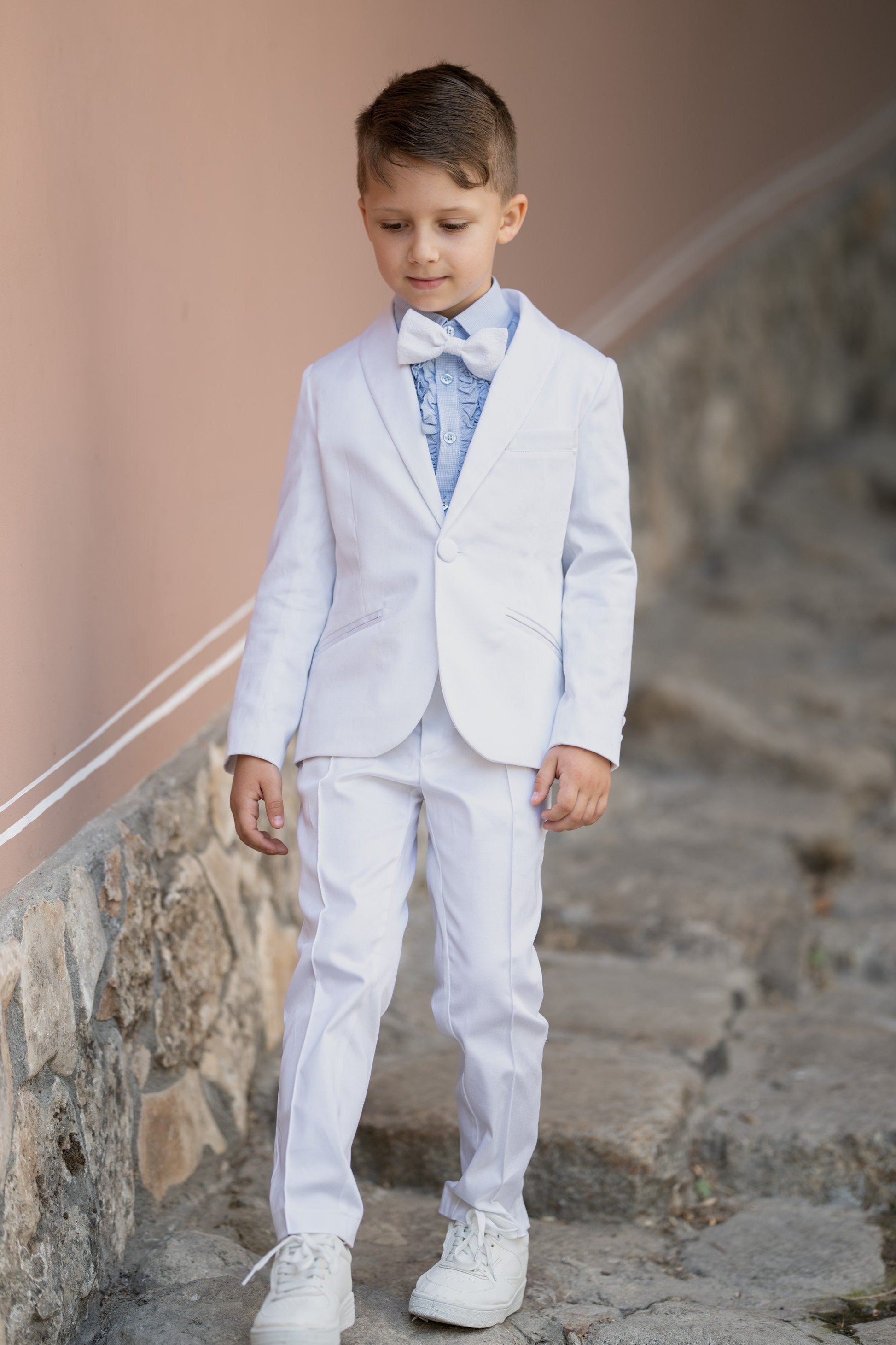 Wedding luxury boys outfit/ Ring bearer white satin cotton formal suit/ Communion toddler boy cotton suit set/ 4 pieces kids boy dress suits