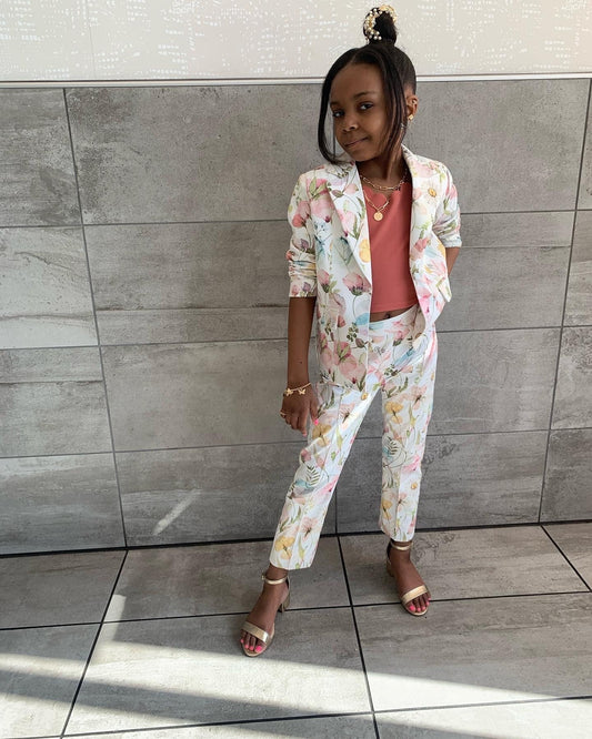 Flower printed formal wear girls outfit/ 2 piece suit birthday toddler/ Jacket and pants outfit for girls/ Designer formal wear/ Wedding